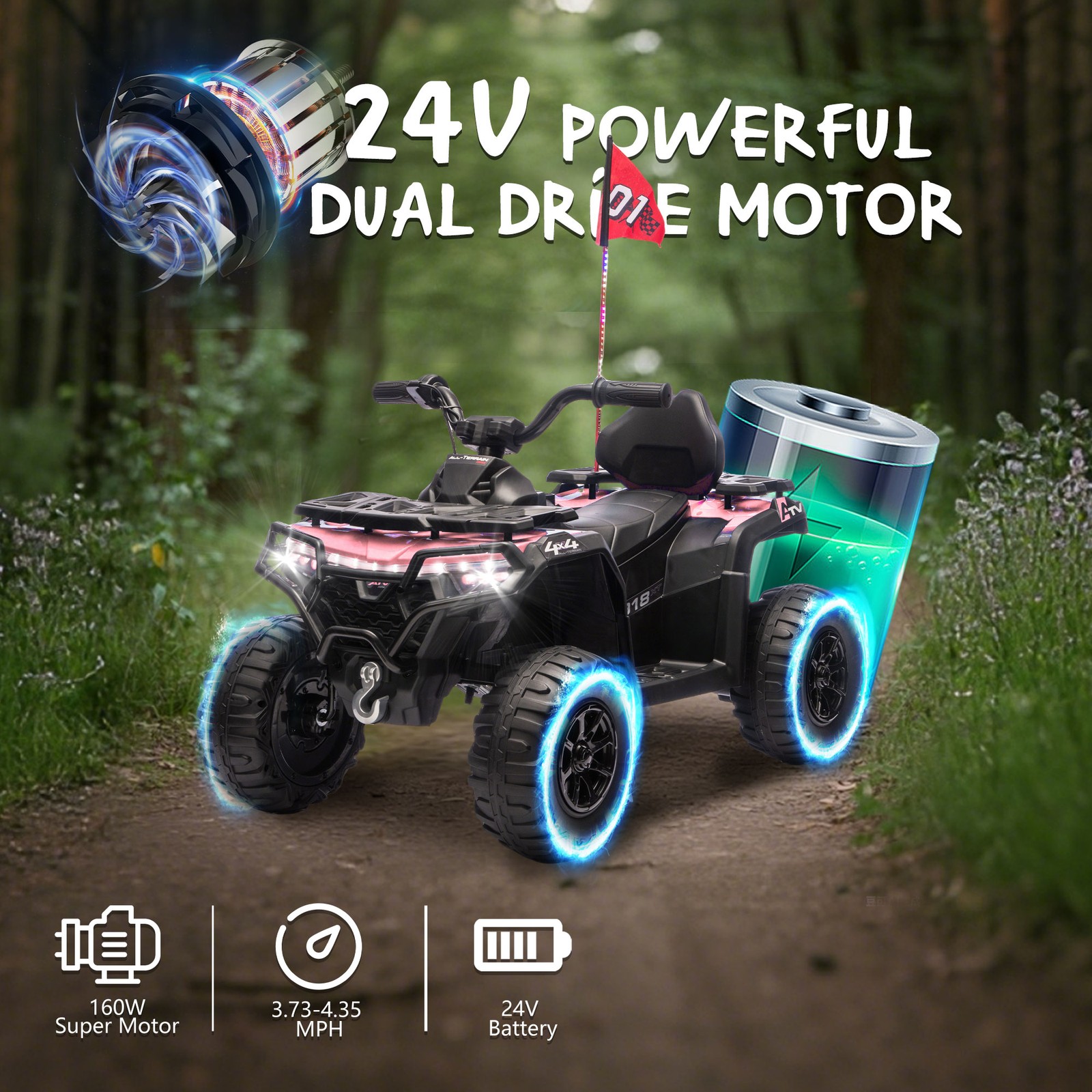 24V Kids Electric ATV 4 Wheeler Quad Car Off-Road Ride On Toy for Kids Aged 3-6