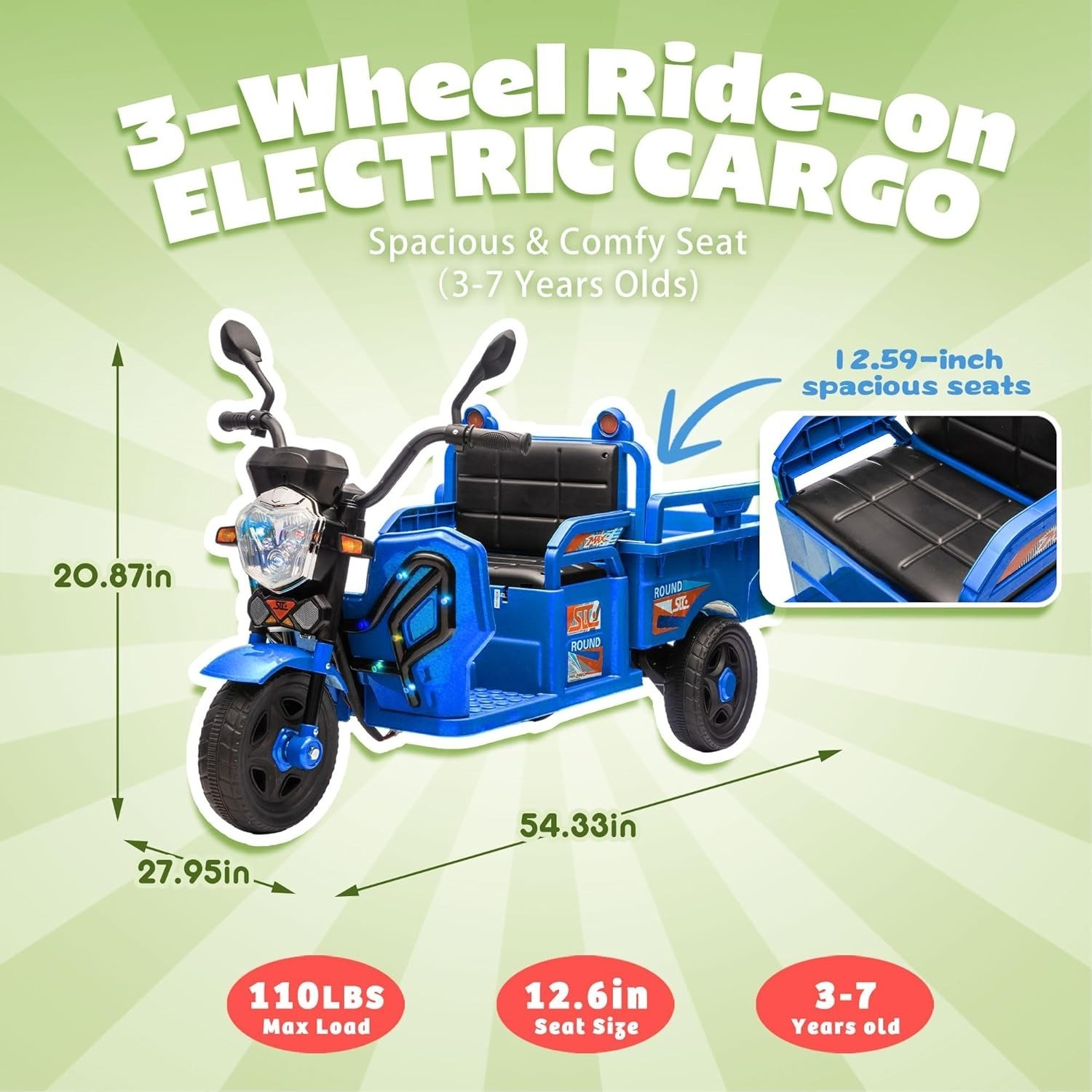 12V Kids Ride On Car 3 Wheels Electric Cargo Truck 2WD Toy with LED Music, Blue
