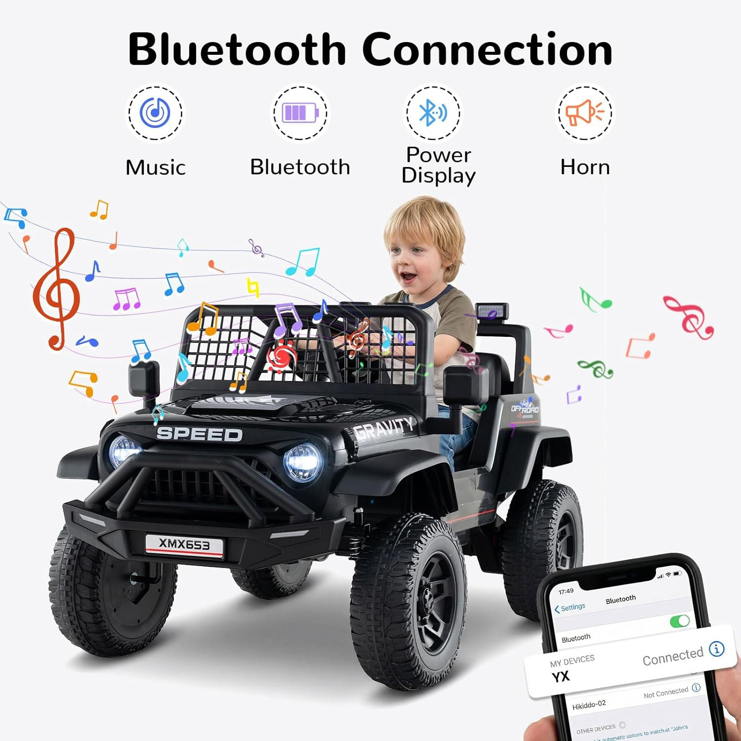 24V Ride on Car with Remote Control, Bluetooth, LED Lights, Horn, Spring Suspens