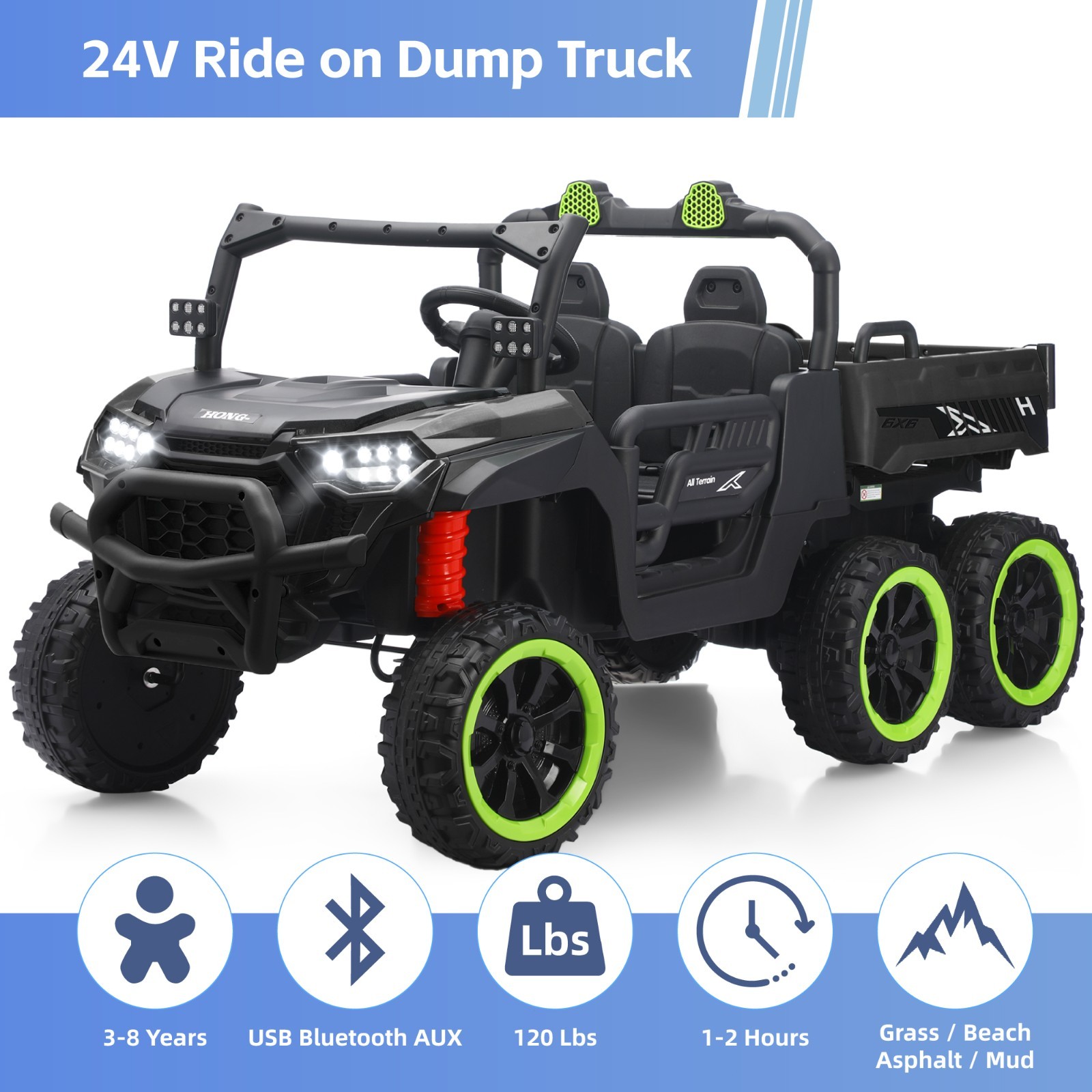 24V Ride on Electric Dump-bed Truck Off-road 7mph 2 Seater Car with Remote LED