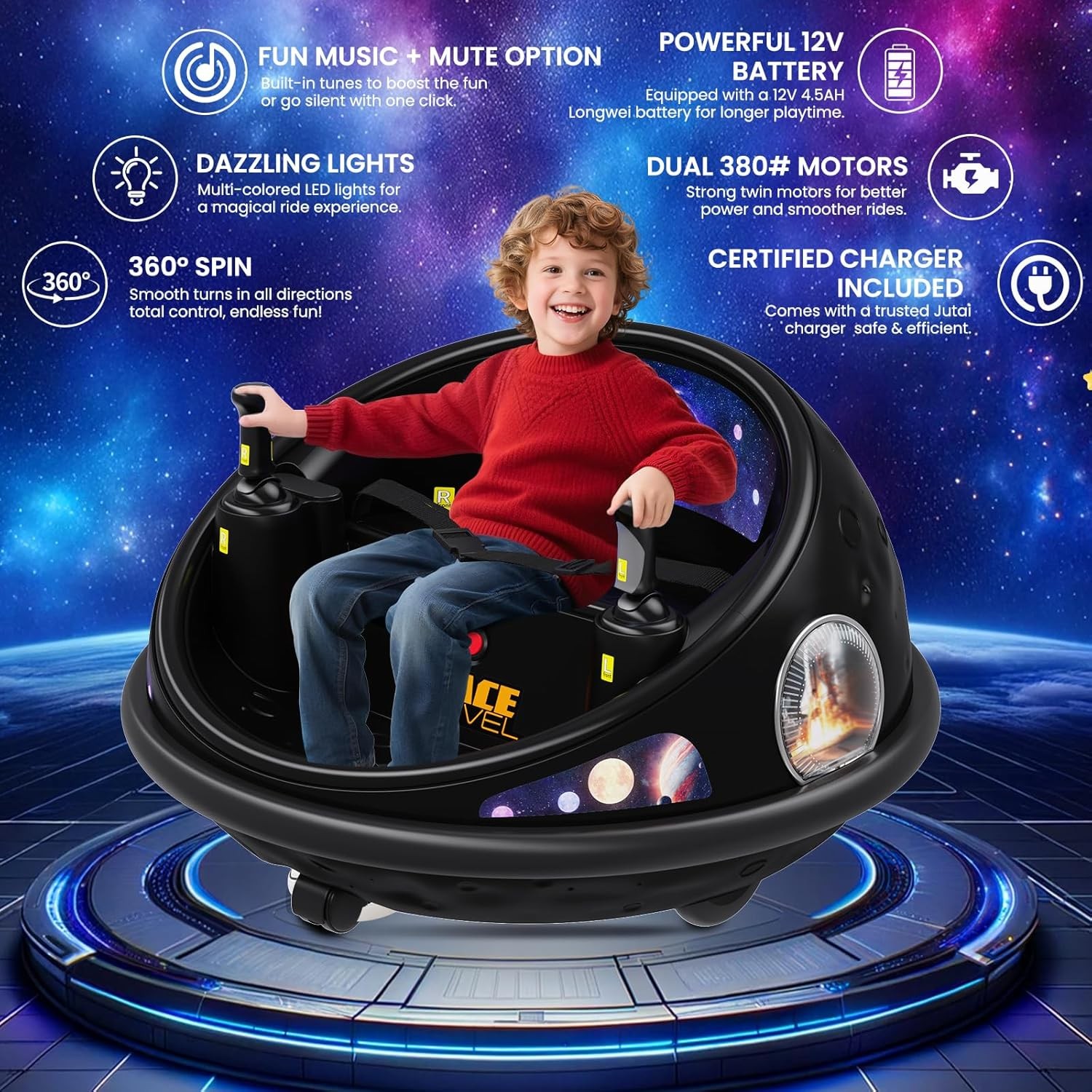 12V Electric Toddler Ride On Bumper Car Toy 360 Spin Remote Control LED Lights