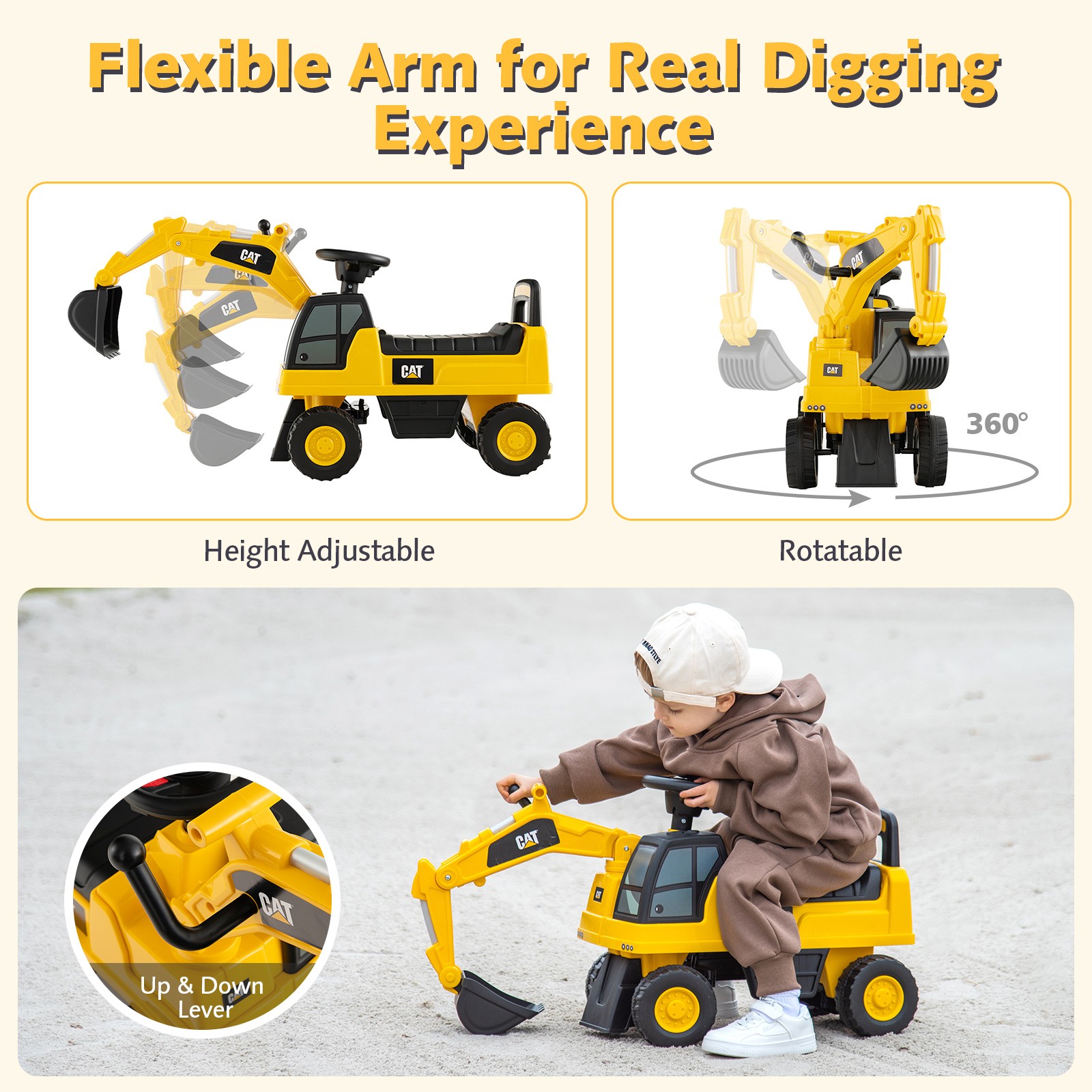 Licensed Caterpillar Kids Rid-On Excavator Rotatable Digging Bucket w/Storage