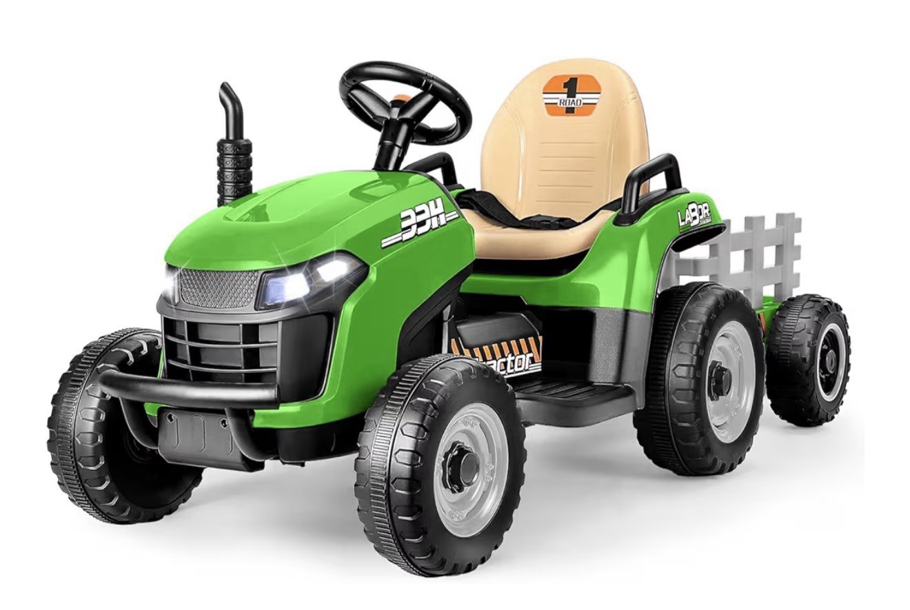 12V Kids Electric Battery-Powered Ride On Tractor Toy w/ Trailer Remote Control