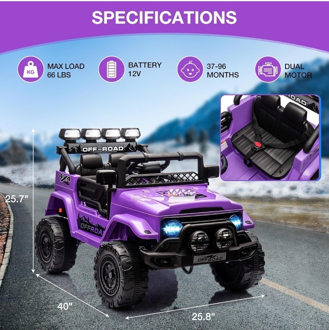 12V Dual Motor 4×4 Kids Ride-On Off-Road Truck w/ Parent Remote, Purple