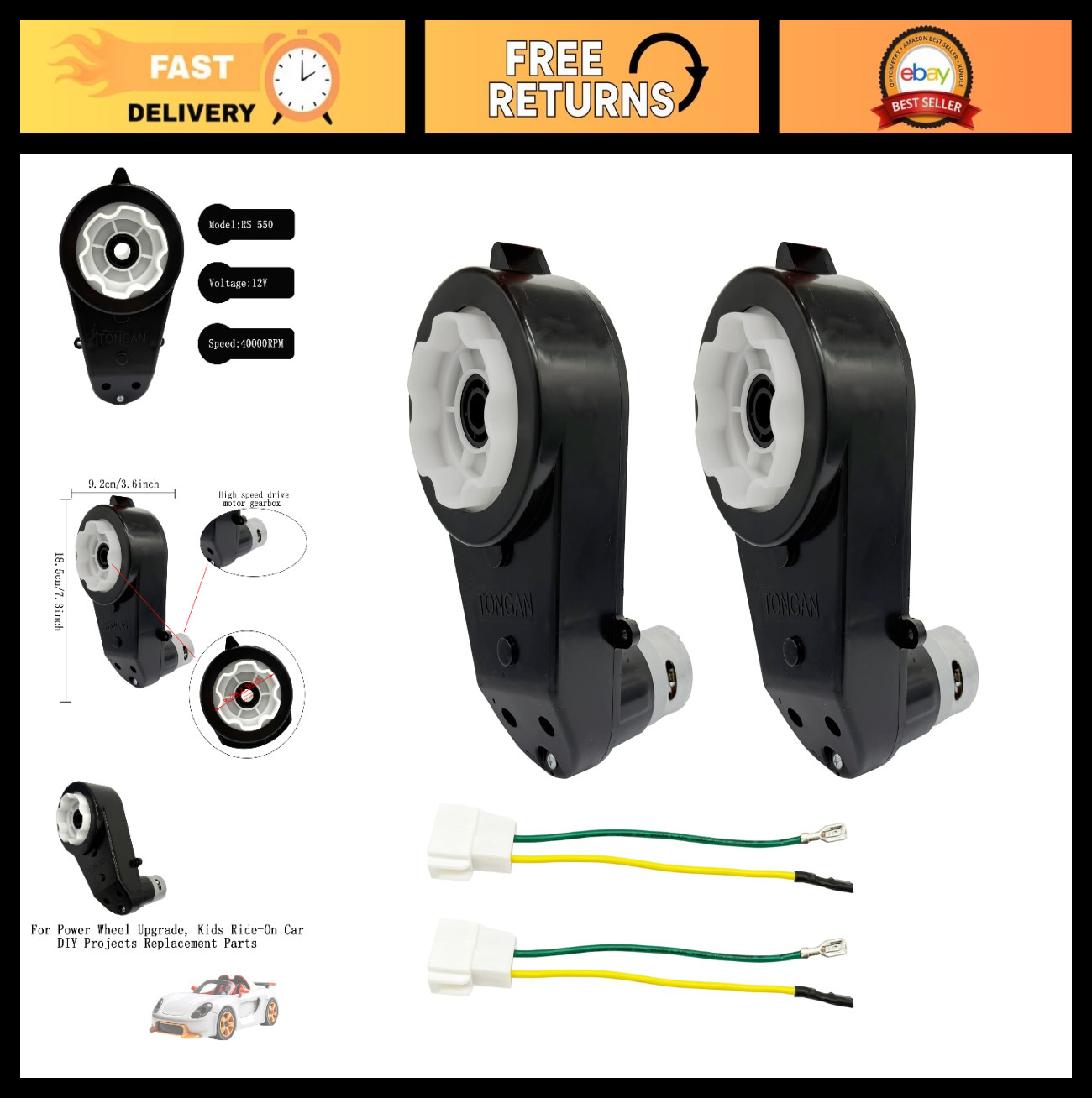 2Pcs Electric Motor Gearbox for Kids Ride-On Car, 12V/24V High-Speed Upgrade Par