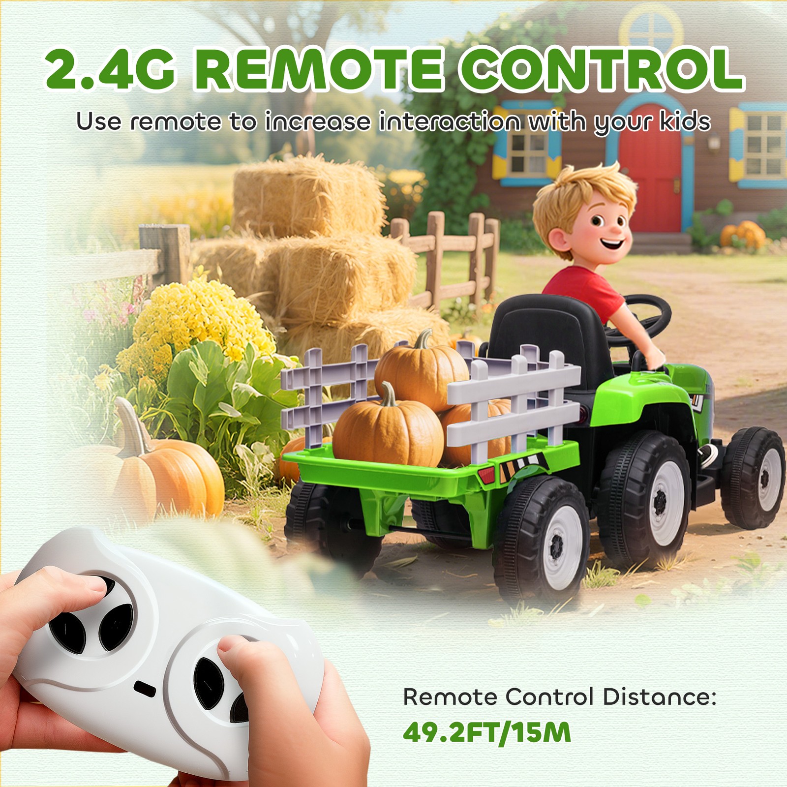12V Electric Ride on Tractor with Trailer, 25W Dual Motors, Green