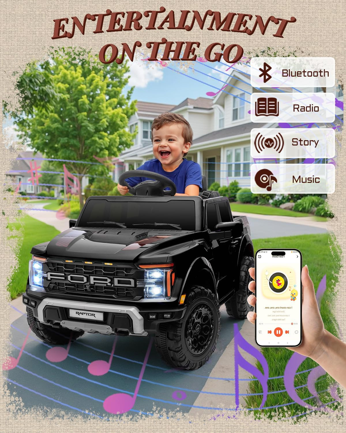 12V Licensed Ford F-150 Raptor Kids Ride on Toy, Ride on Truck with Parent Remot