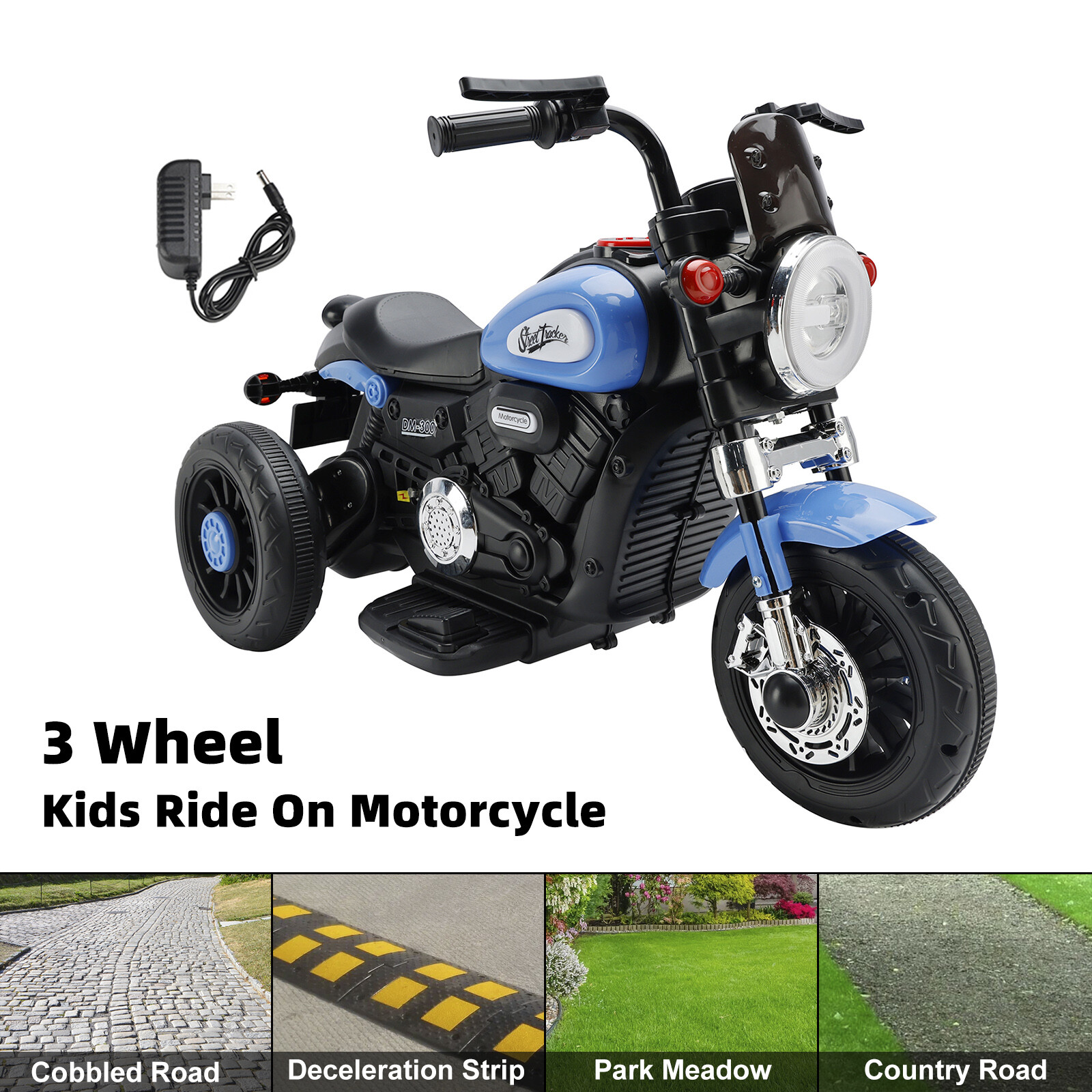 3 Wheel Kids Ride On Motorcycle 6V Powered Electric Dual Drive Toy Car Blue