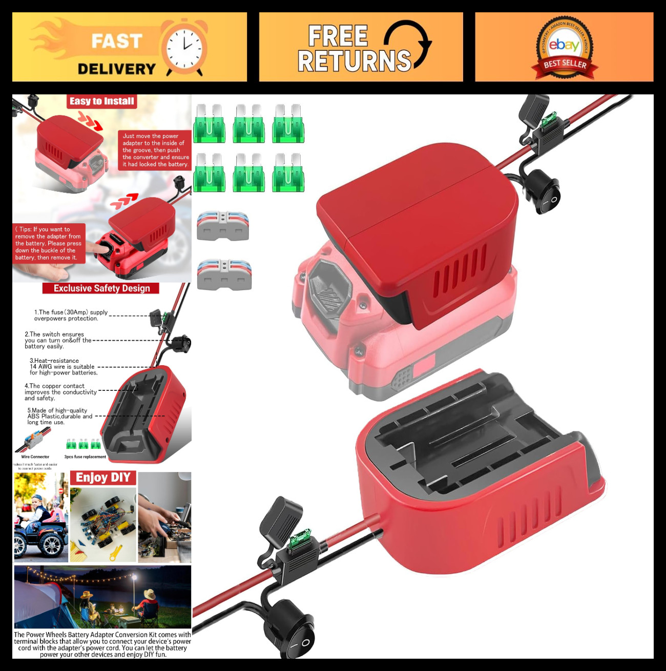 2 Pack Battery Adapter for 20V Power Wheels – Dock Connector with Fuses & 14AWG