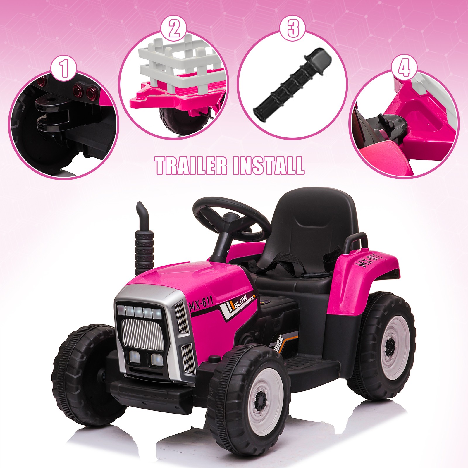 12V Electric Tractor for Kids Pink, Battery-Powered Ride-On Car with Trailer