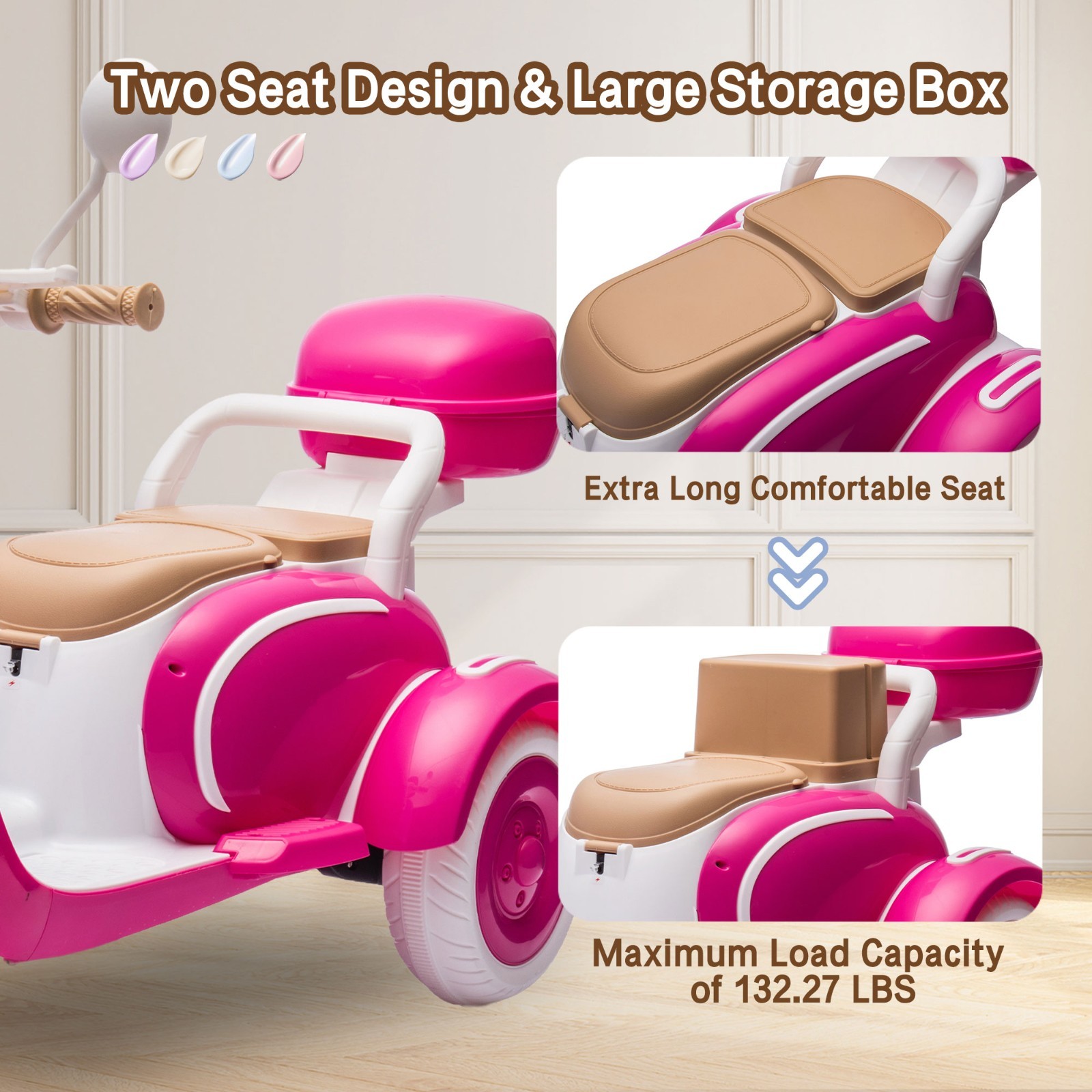 12V Ride on toys Kids Electric Motorcycle 2 Seater w/Bluetooth,LED, Rose Red