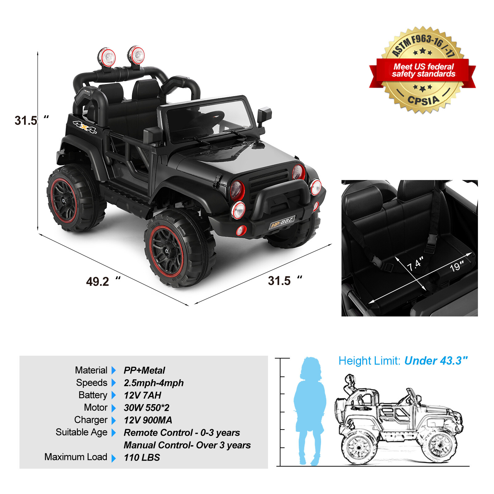 12V Battery 3 Speeds Kids Black Ride On Car Truck w/ RC+MP3+LED Light+USB+Cover