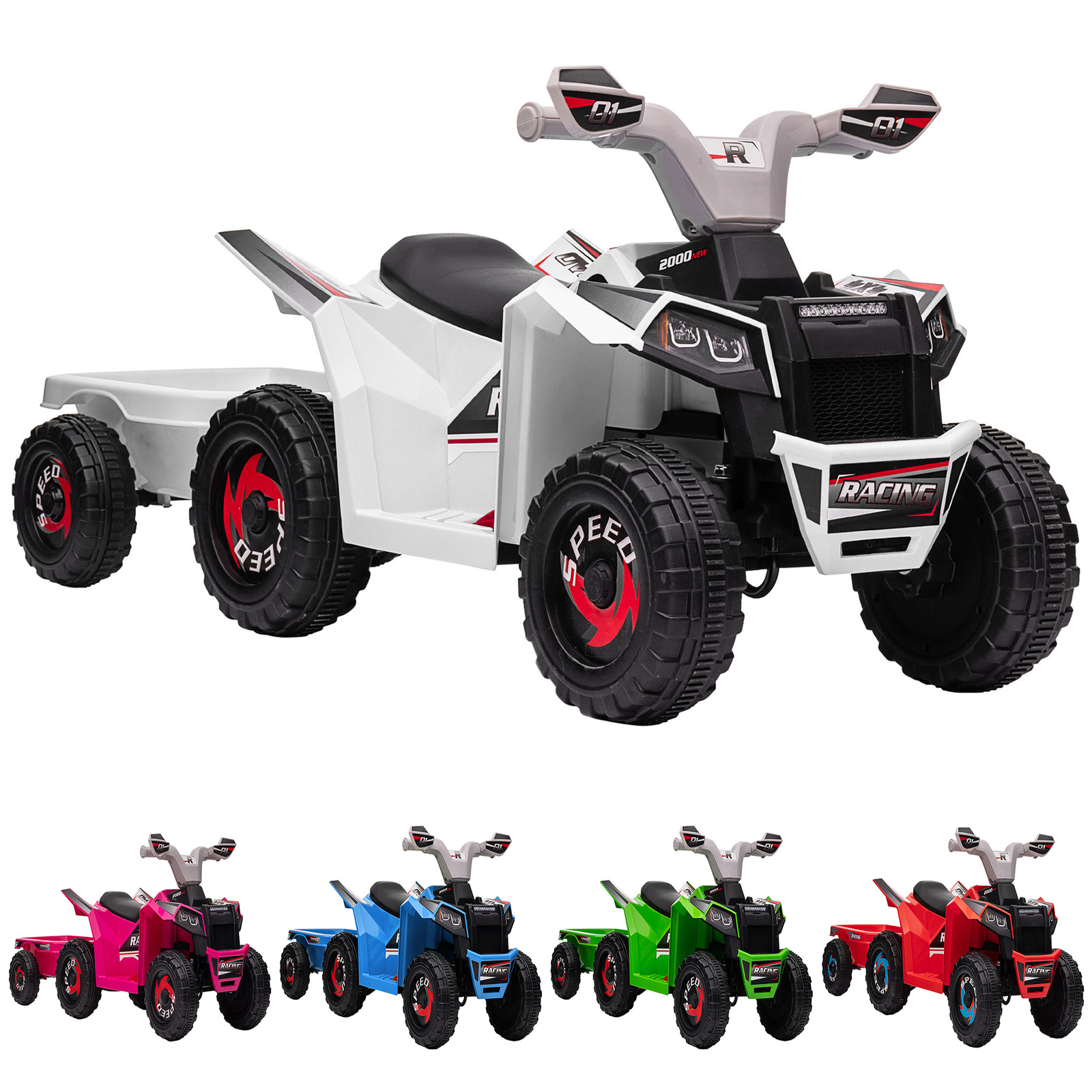 6V Kids ATV Quad Car with Back Trailer, Forward Backward