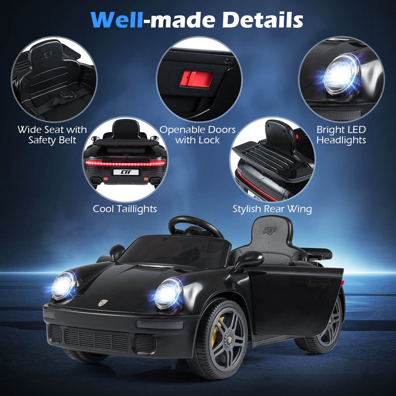 12V Licensed RUF CTR Kids’ Electric Vehicle w/Remote Control LED Lights Music