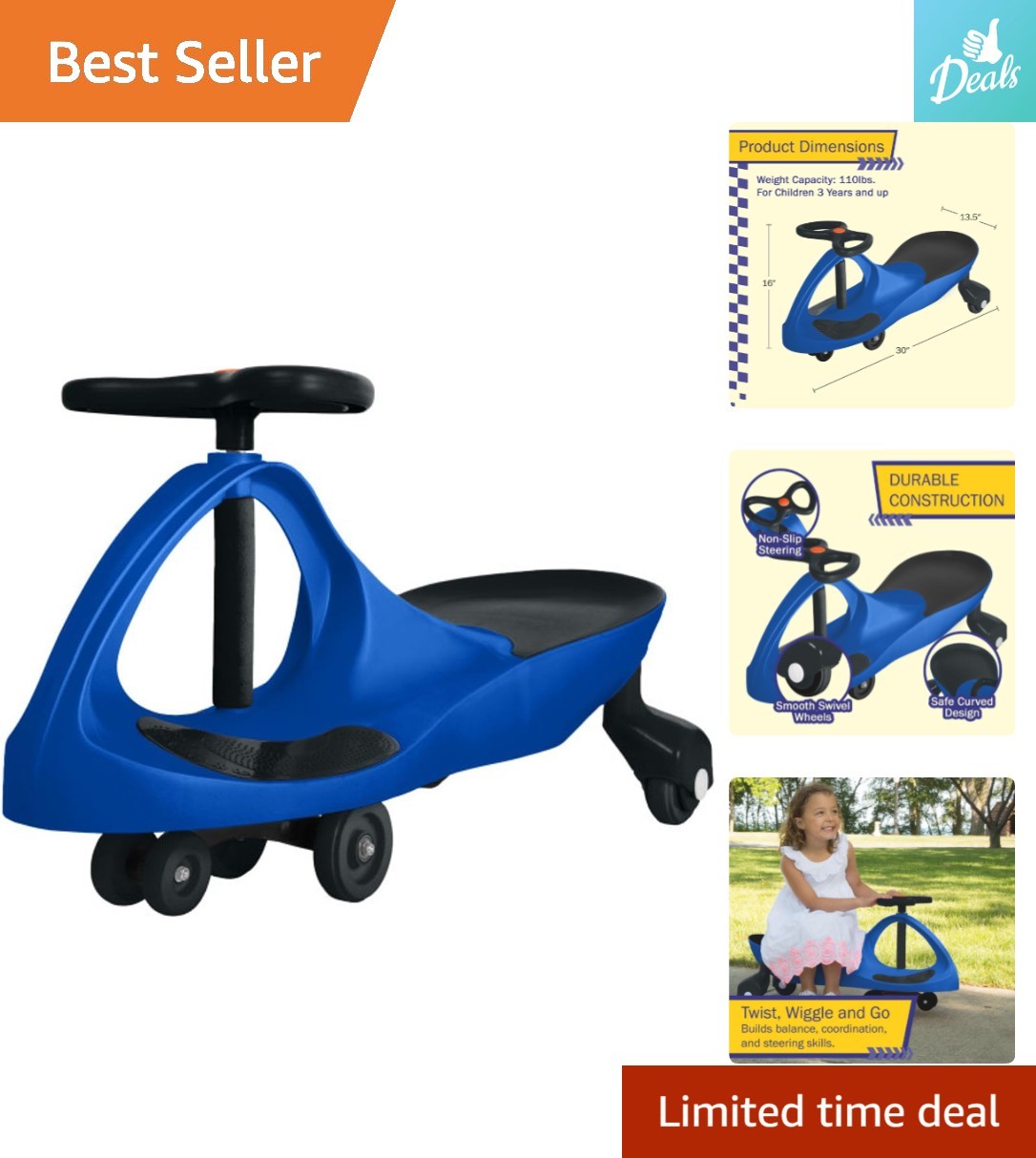 Durable Wiggle Car Ride-On for Ages 3+, Battery-Free Fun for Indoor/Outdoor Play