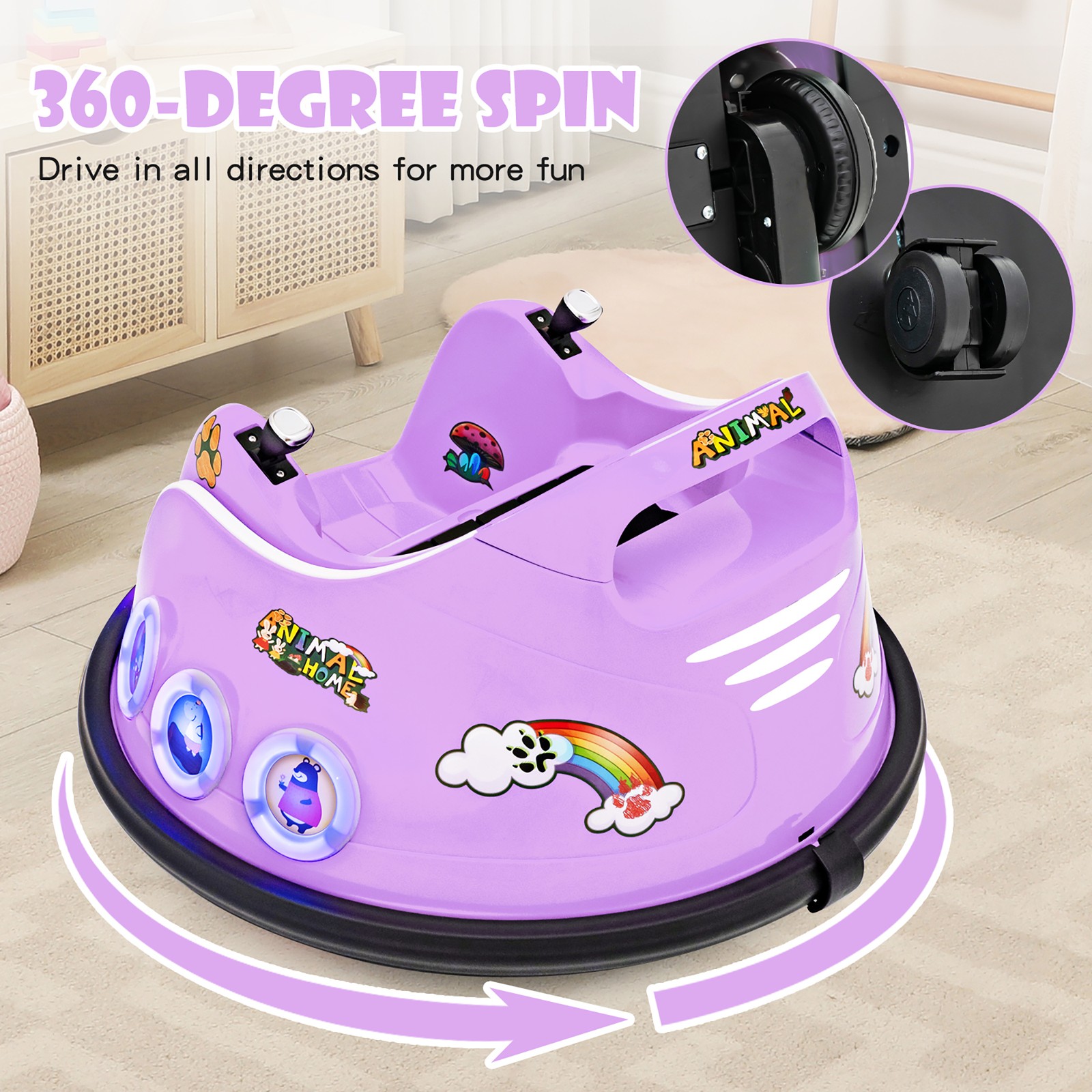 12V Kids Ride on Bumper Car Remote Control w/ Flashing LED Light & Music Purple
