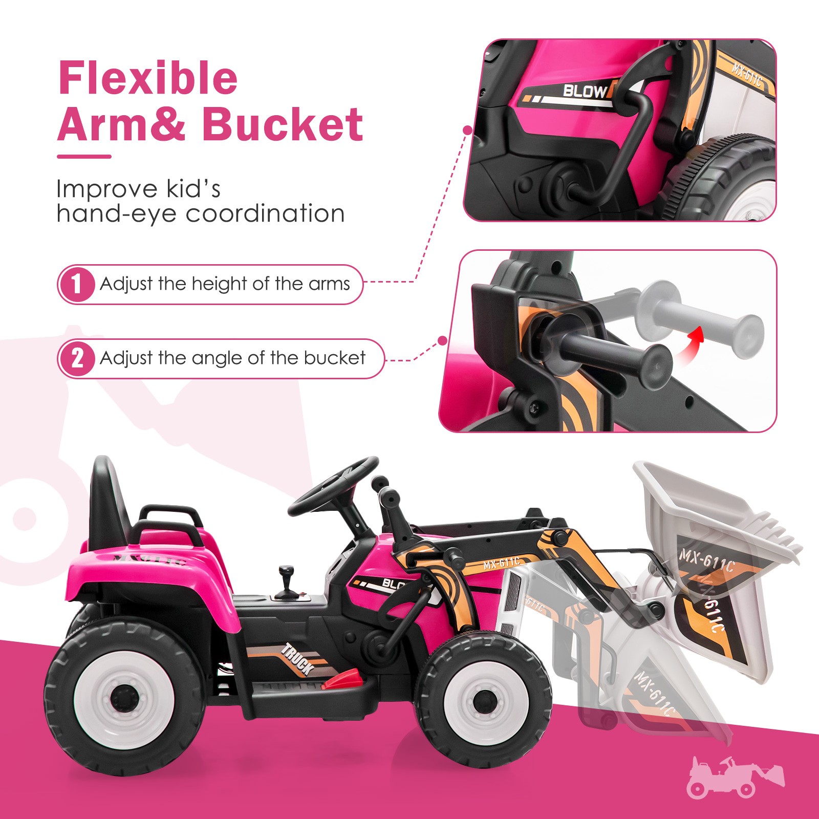 Kids Ride On Excavator Digger 12V Electric Tractor RC w/ Digging Bucket Pink