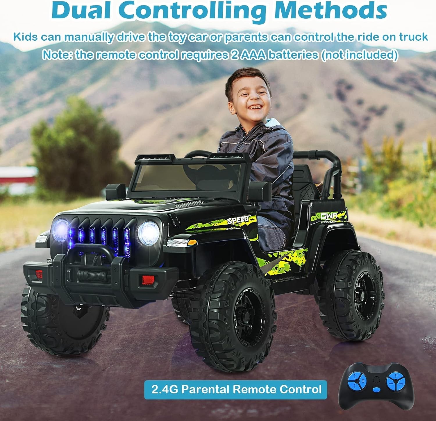 Battery Powered Cars for Kids w/ Music, Lights, Safety Belt