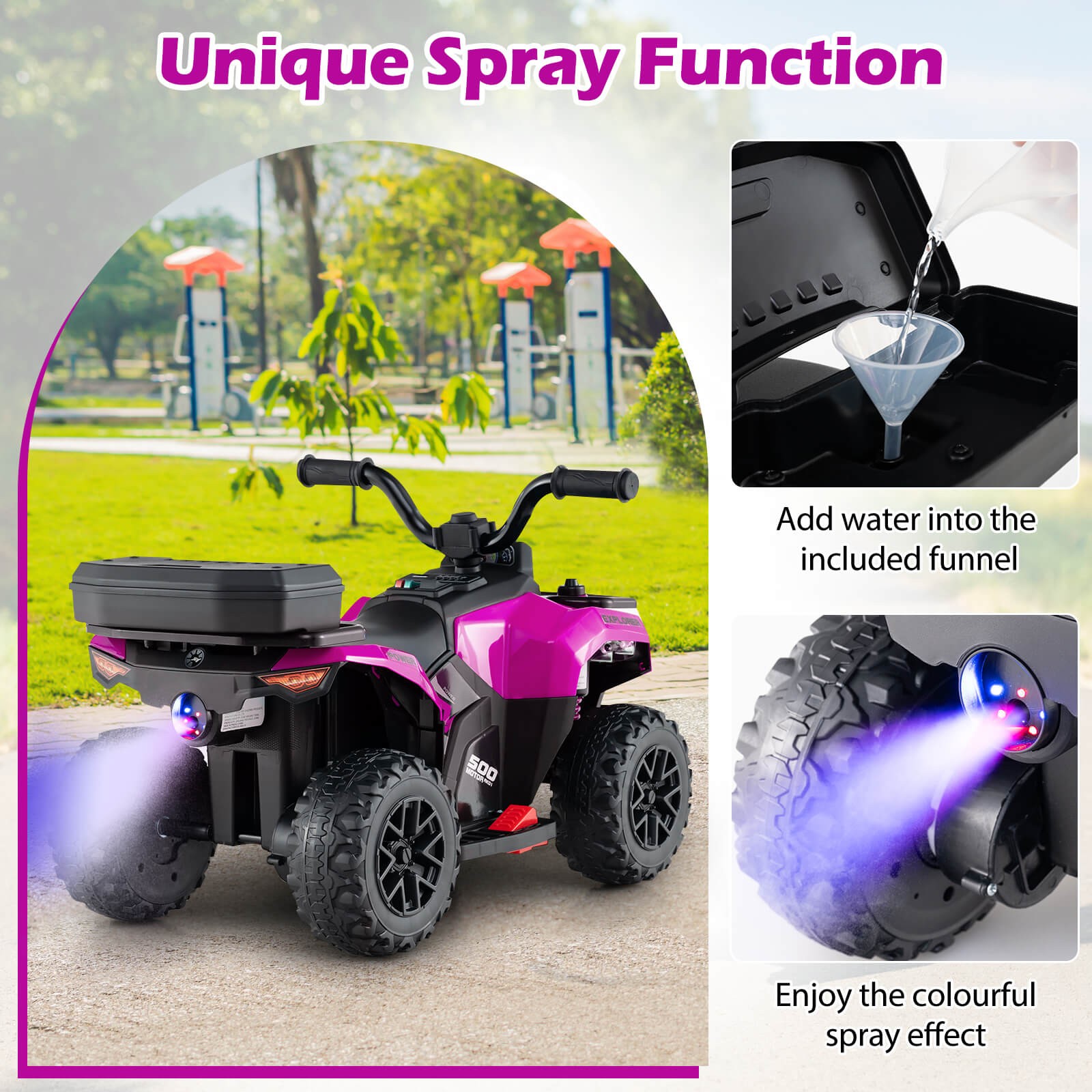 6V Kids Ride On ATV w/ Music & Spray Function USB Port Storage Box Toy Car