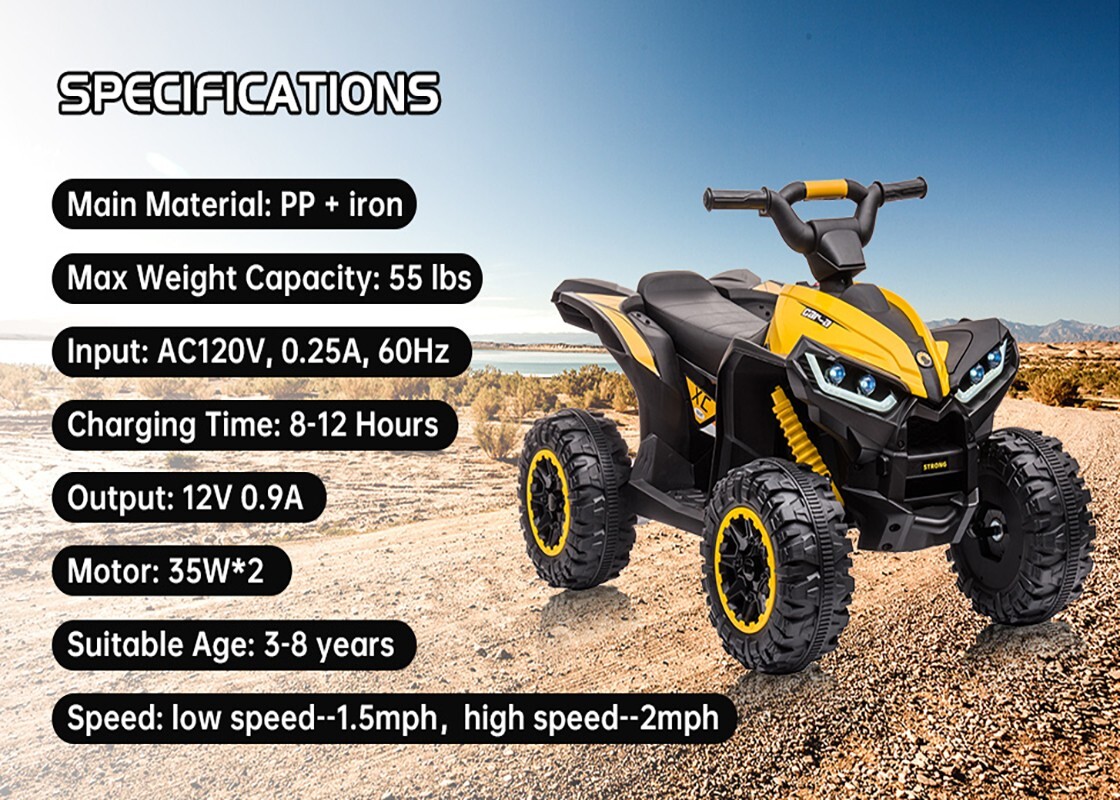 12V Kids Ride on ATV Car, 4 Wheels Battery Powered Quad Toy Vehicle with Music
