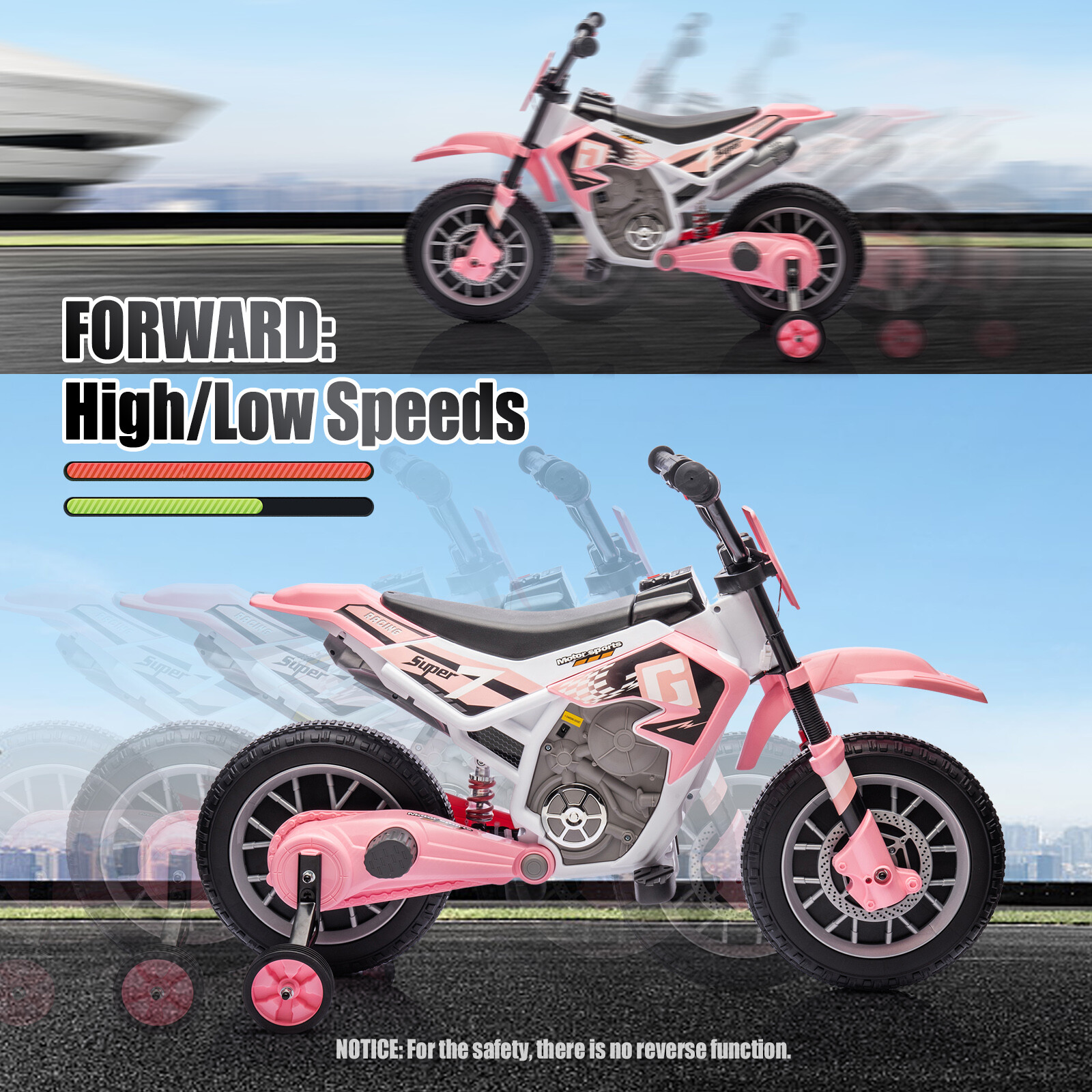 12V Kids Ride On Motorbike Motorcycle Dirt Bike with Music,Training Wheels Pink