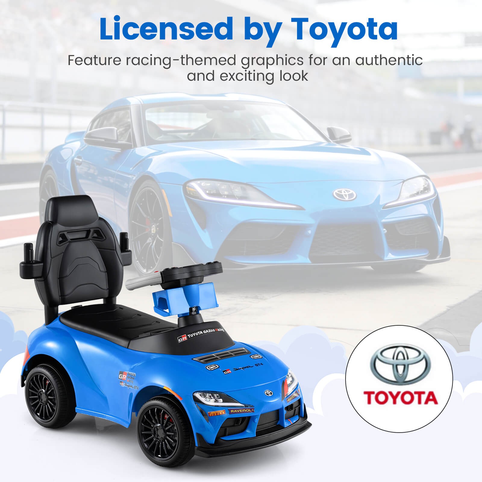 Toyota Licensed Ride on Push Car w/Parent-Control Handle Music Safety Guardrail
