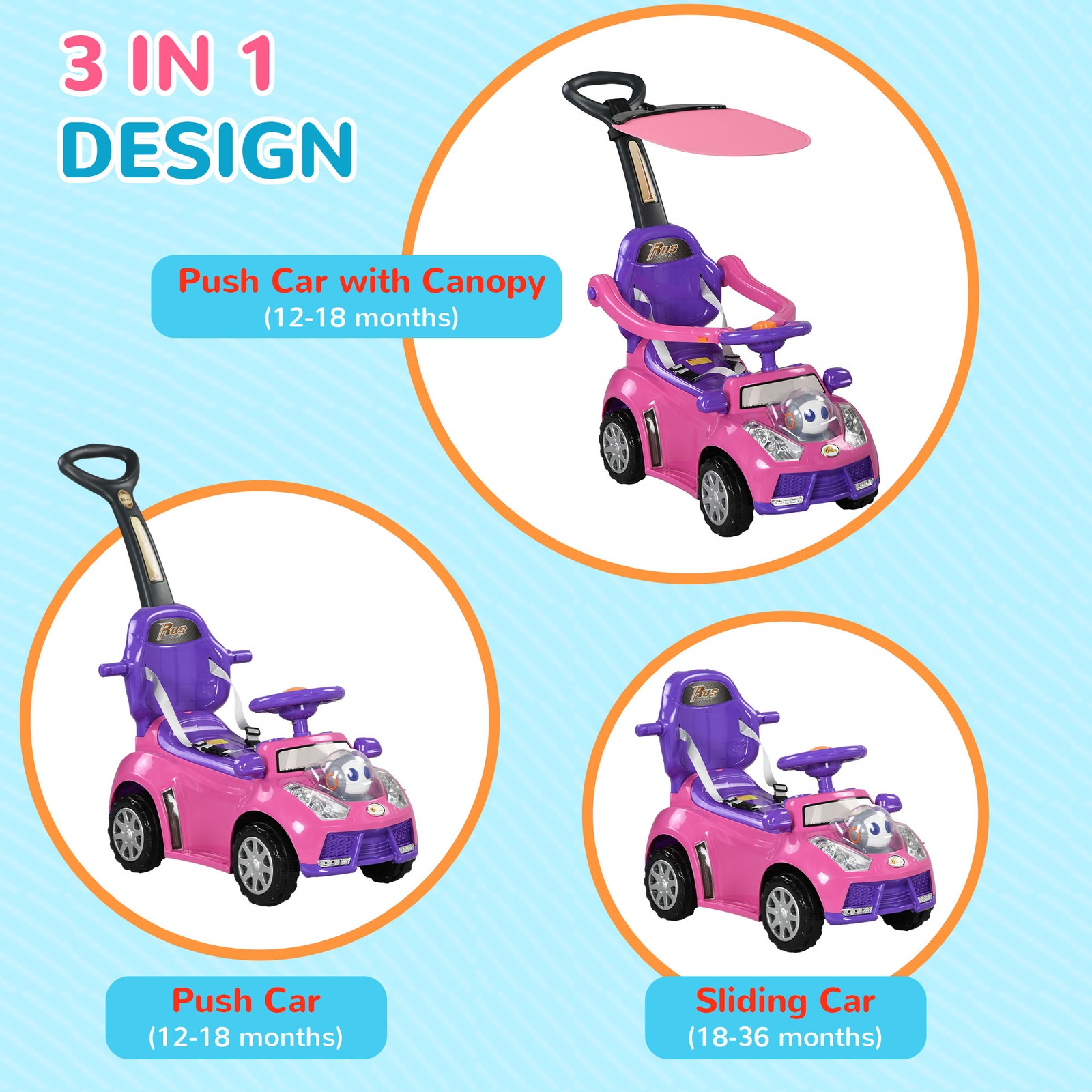 3 in 1 Push Car Sliding Car with Removable Handle, Music, Horn, Pink