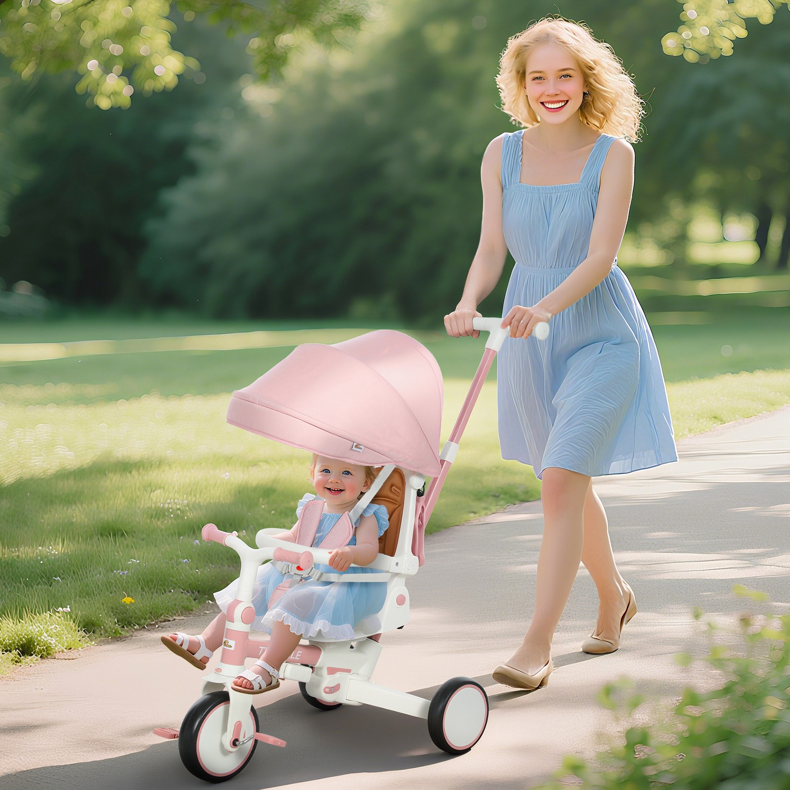 7 in 1 Tricycle Stroller, Kids Tricycle with Adjustable Push Handle, Pink
