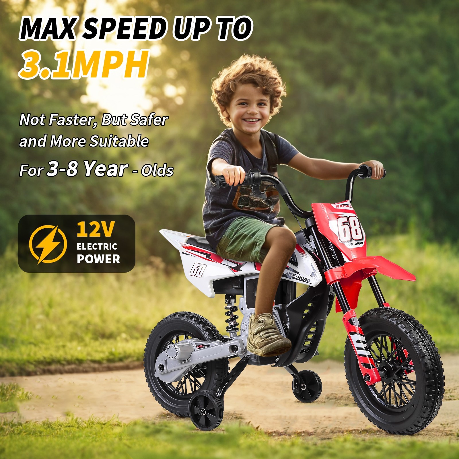 Electric Dirt Bike w/2 Training Wheels, Kids Ride on Motorcycle Holiday Gifts