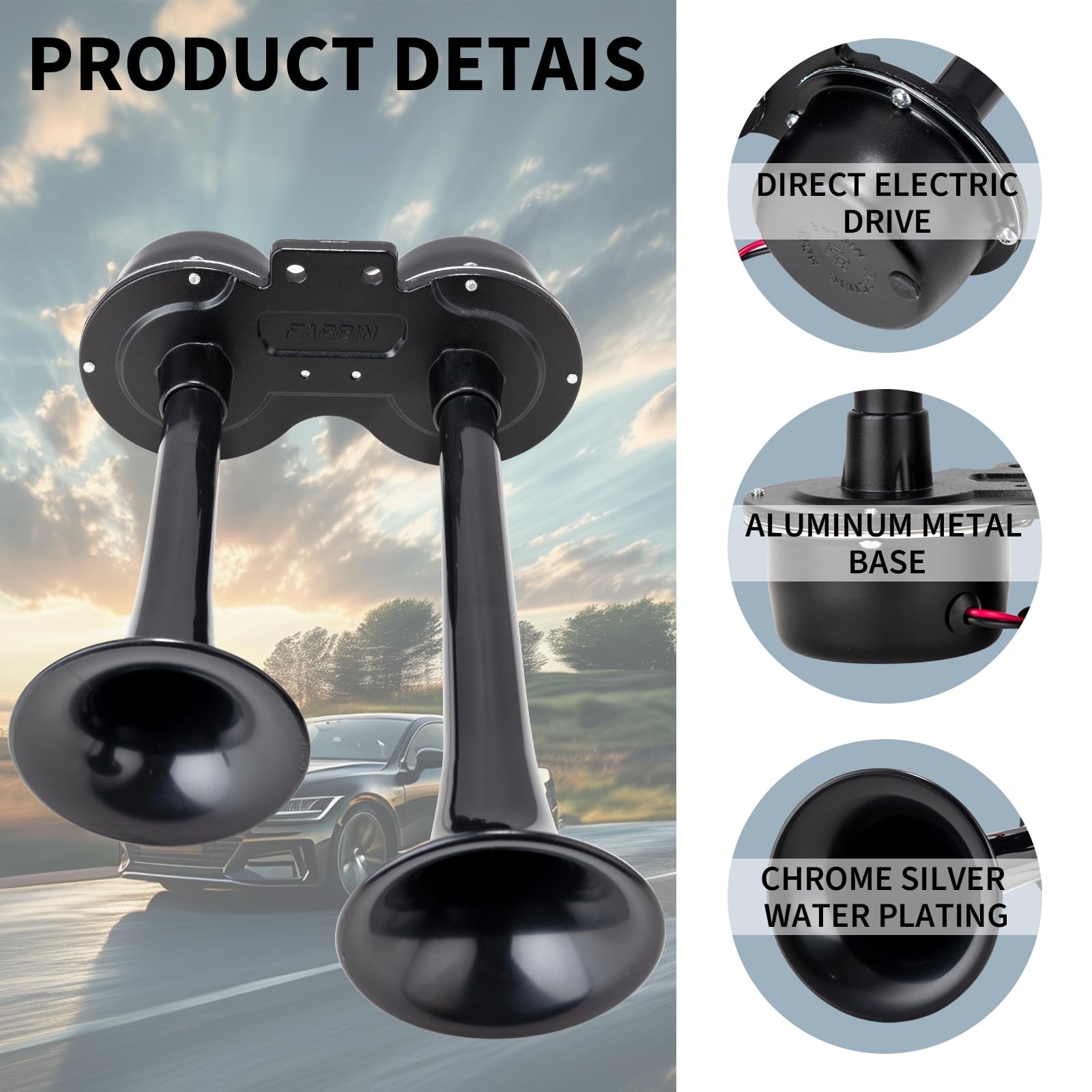 12V Electric Truck Horn Loud Train Horns for Car Motorcycle Dual Black