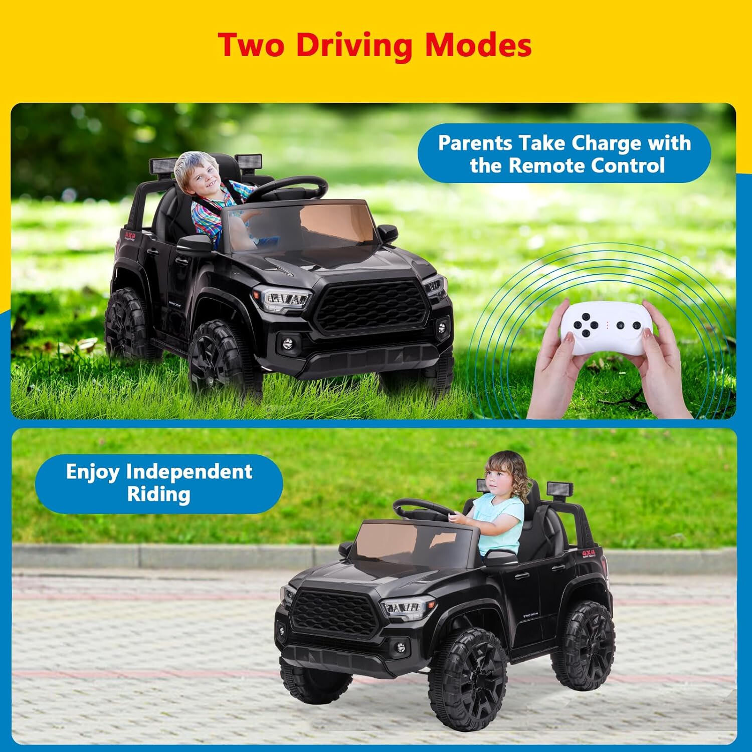 12V Kids Ride-On Car With Parent Remote Control &LED Headlights for 3-6 Year Old