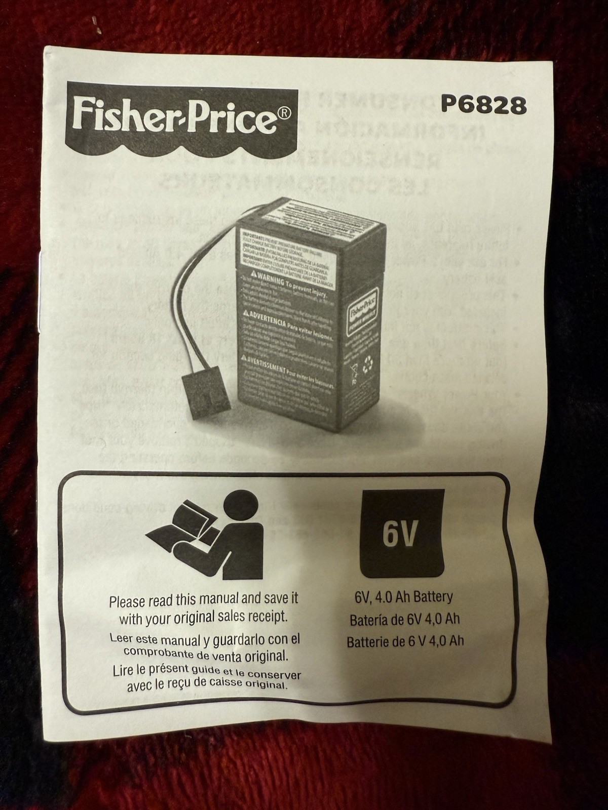 Power Wheels Fisher Price P6828 Battery Replacement NEW