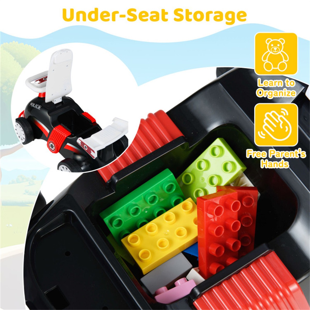 Toddler Ride On Sliding Car with Music Storage Seat for 1-3 Years Police Theme