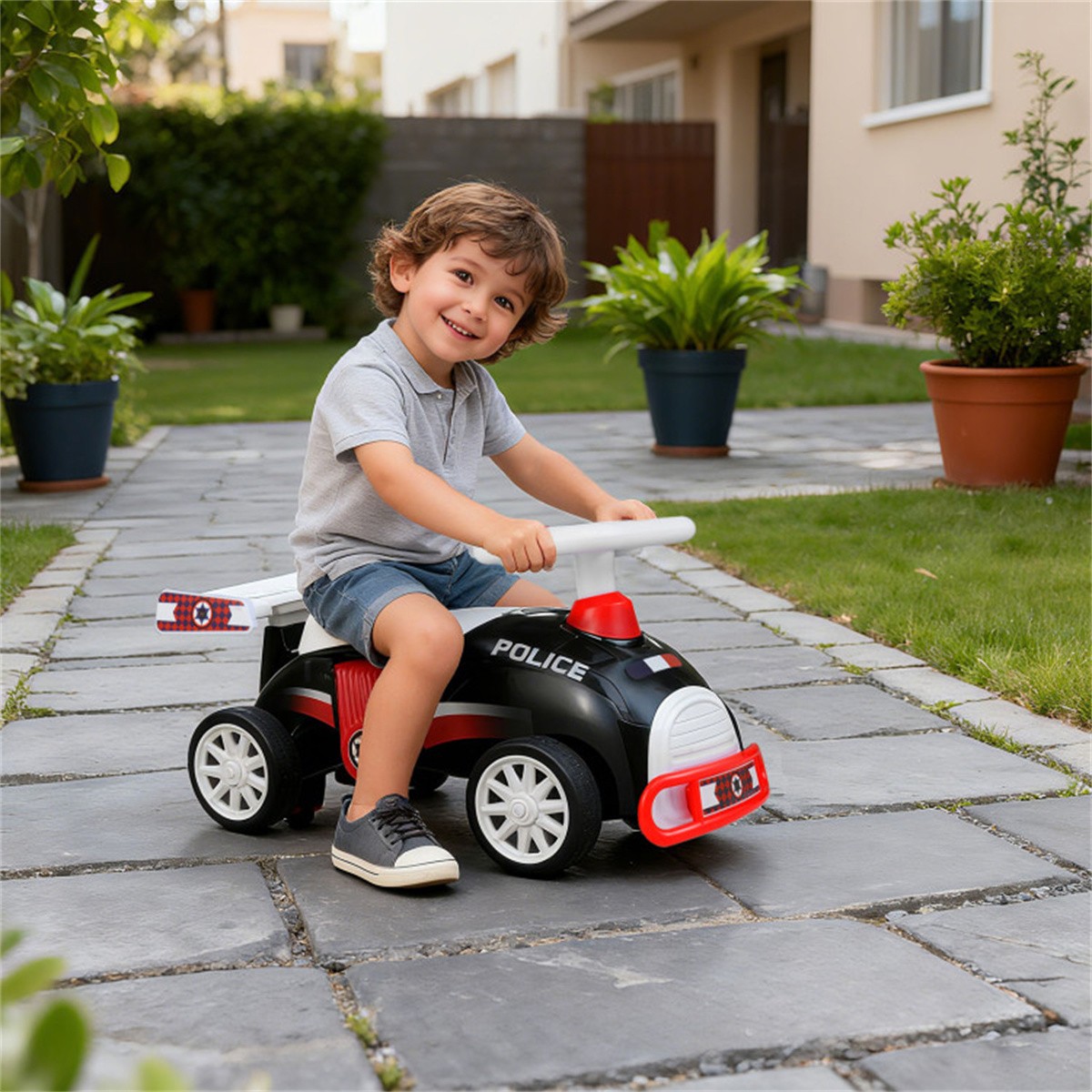 Toddler Ride On Sliding Car with Music Storage Seat for 1-3 Years Police Theme