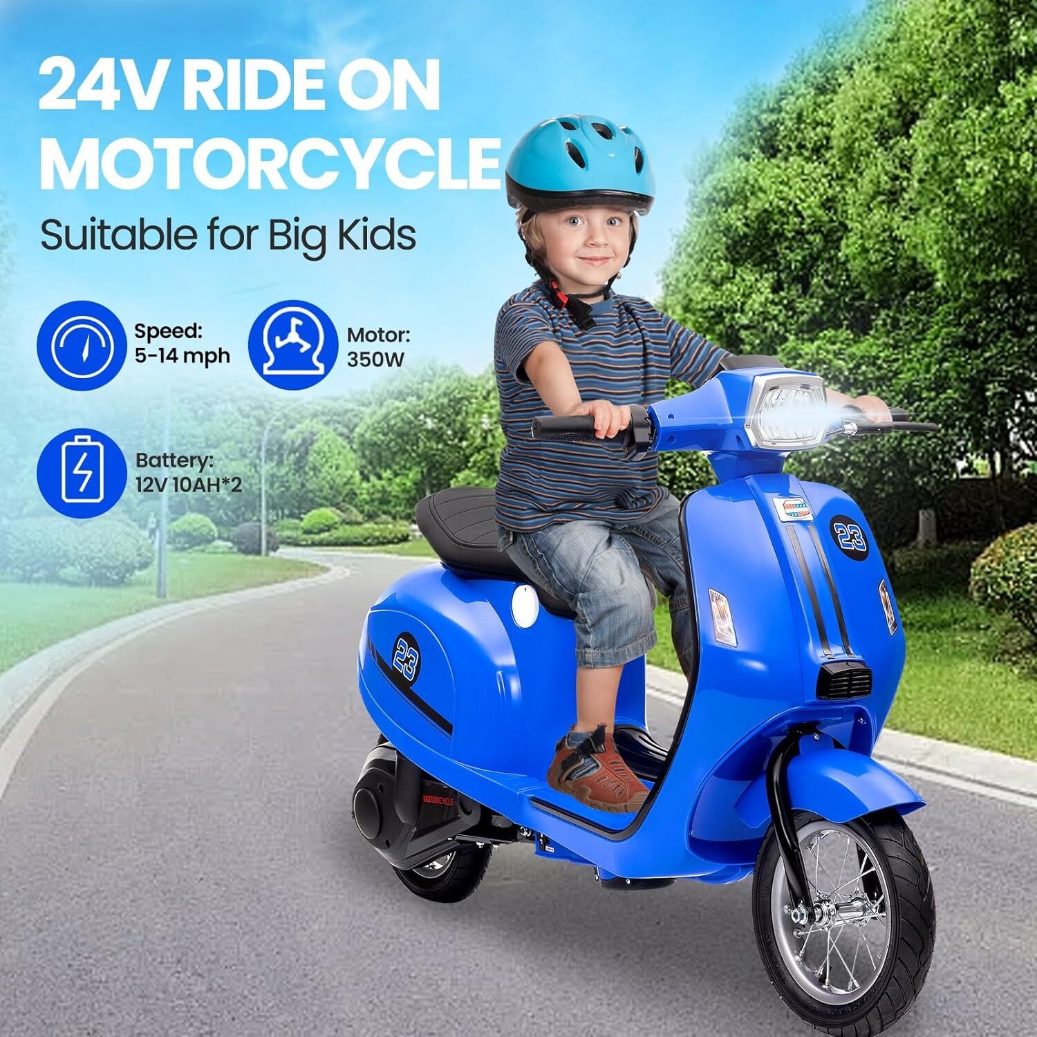 24V 350W Kids Motorcycle Electric Moped Scooter Motorbike Toy with LED for 8-12Y