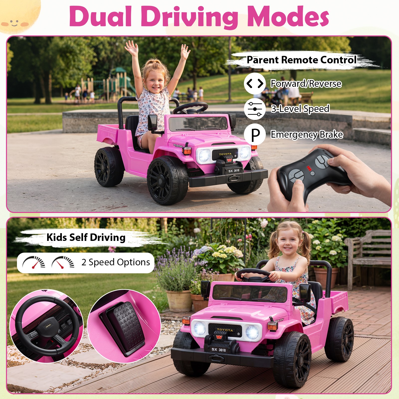 Licensed Toyota Ride On Truck w/Parent Remote Control, Spring Suspension, Light