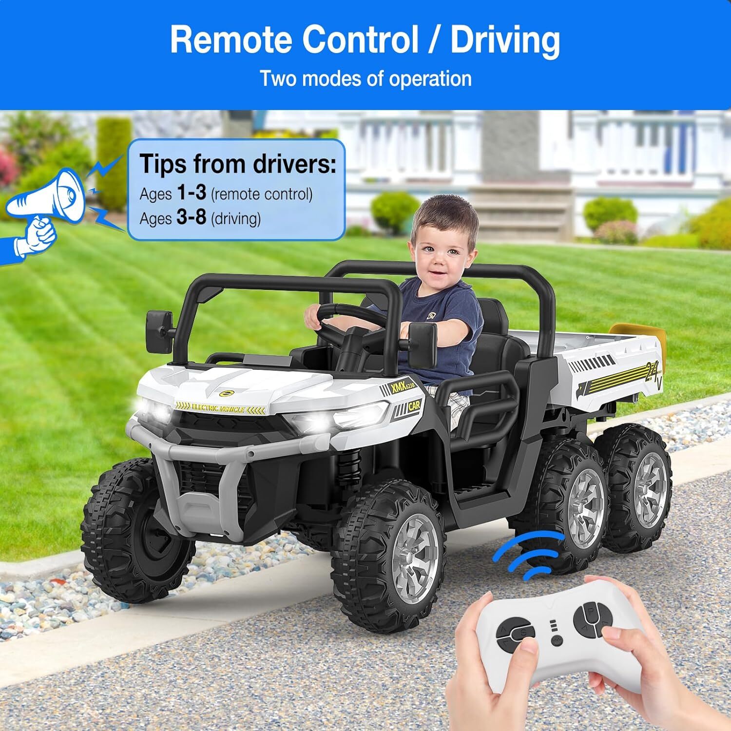 2 Seater Ride on Car 24V Electric Kids Dump Truck 4WD Off-road White With Remote