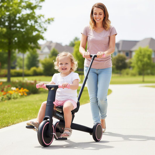 4-in-1 Foldable Toddler Tricycle with Push Handle with Adjustable Seat-Pink – Co