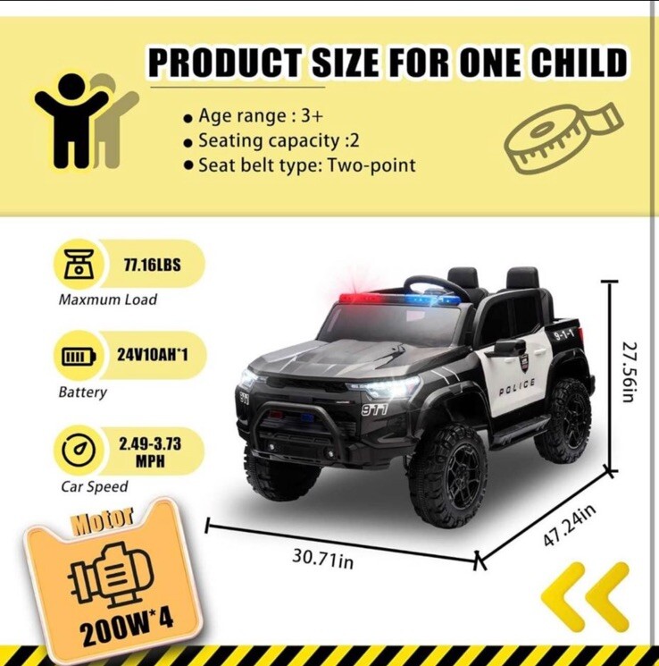 24V 10Ah Two-Seater Kids Ride on Police Pickup