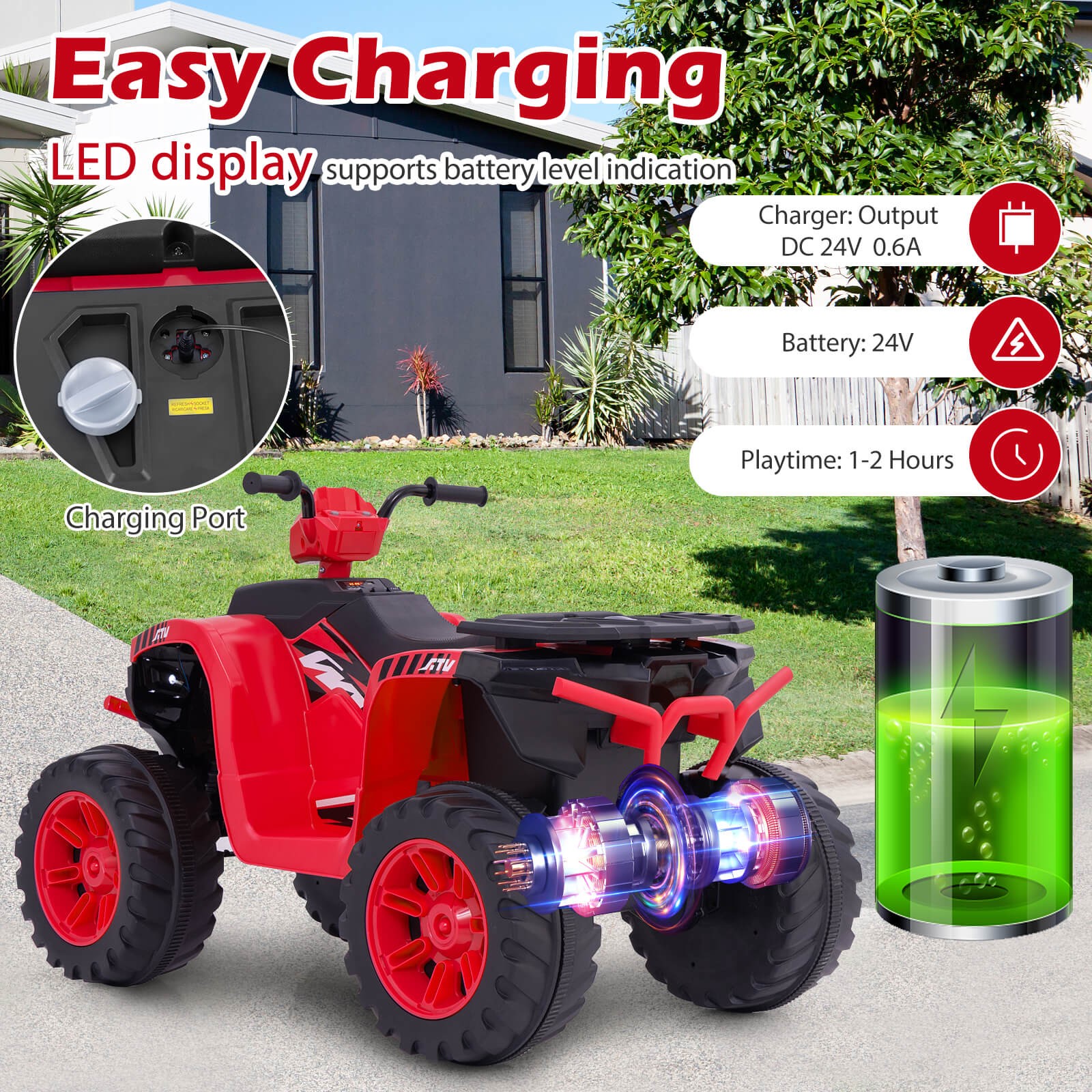 24V Kids Ride-On Electric ATV 4-Wheeler Quad Car with Wireless Connection