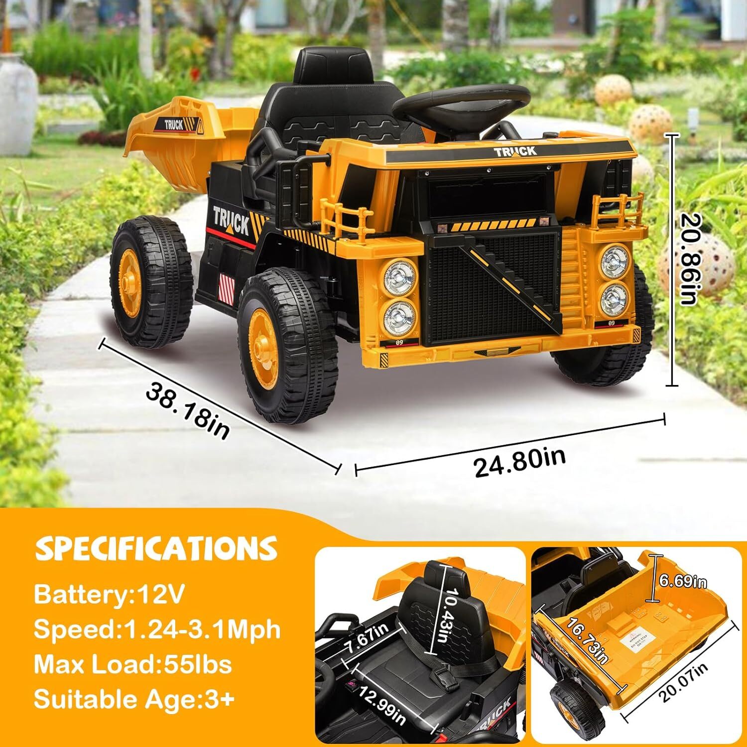 12V Kids Ride On Dump Truck, Electric Construction Vehicle With Remote Control