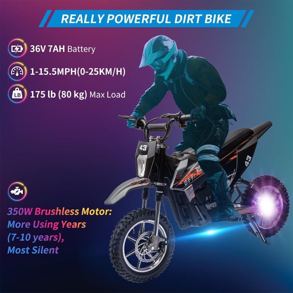 36V Electric Dirt Bike for Kids Ride on Motorcycle Brushed Motor + LED Headlight