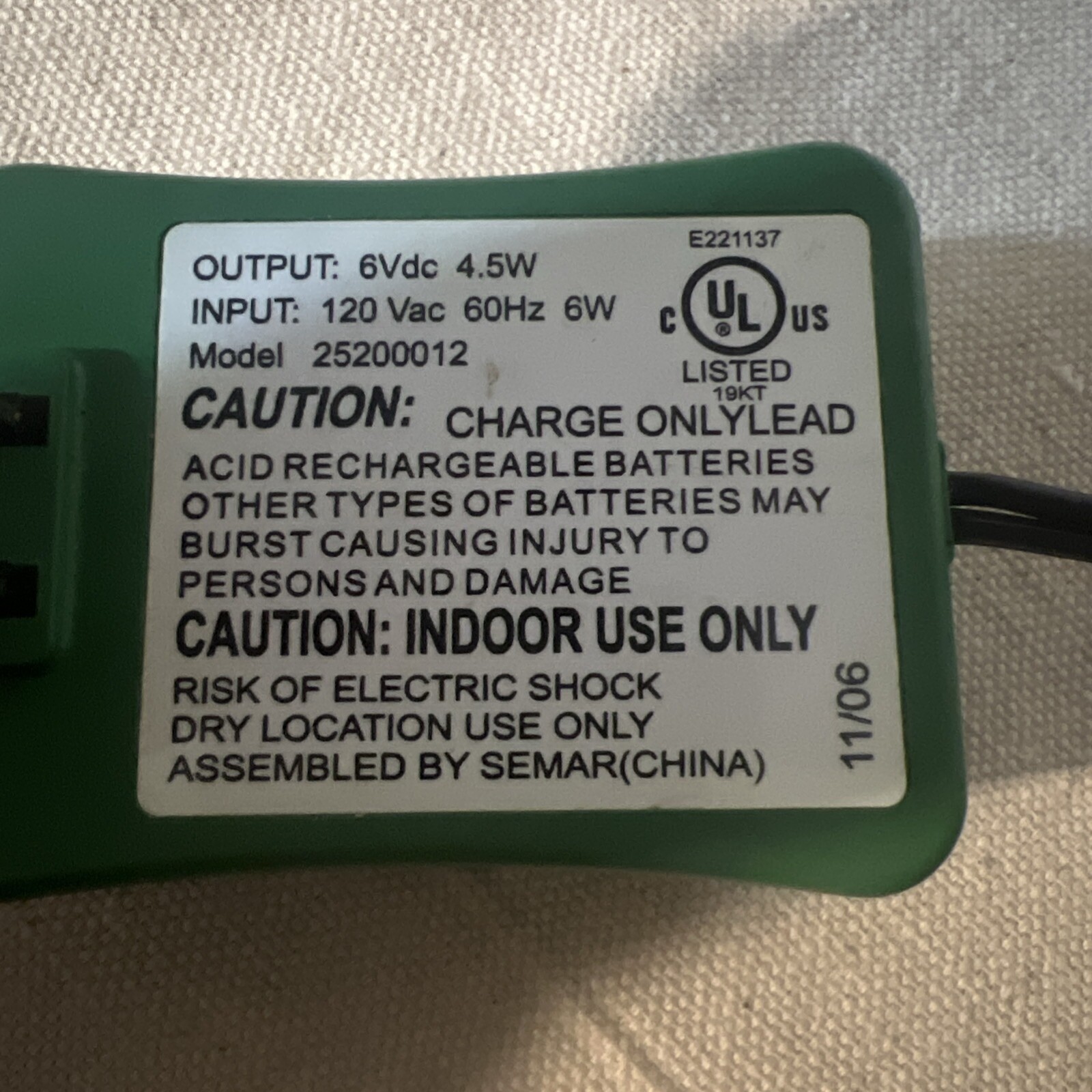 OEM Peg Perego 6V Green Battery Charger 25200012 AC Adapter Plug Thomas Train