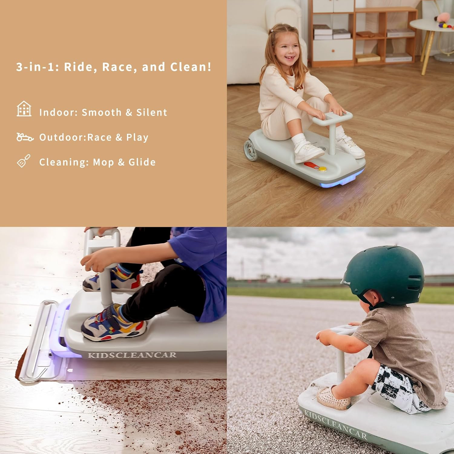 Kids Clean Car Ride-On Go Kart with Detachable Mop, Cleaning Fun 3-In-1 Electric