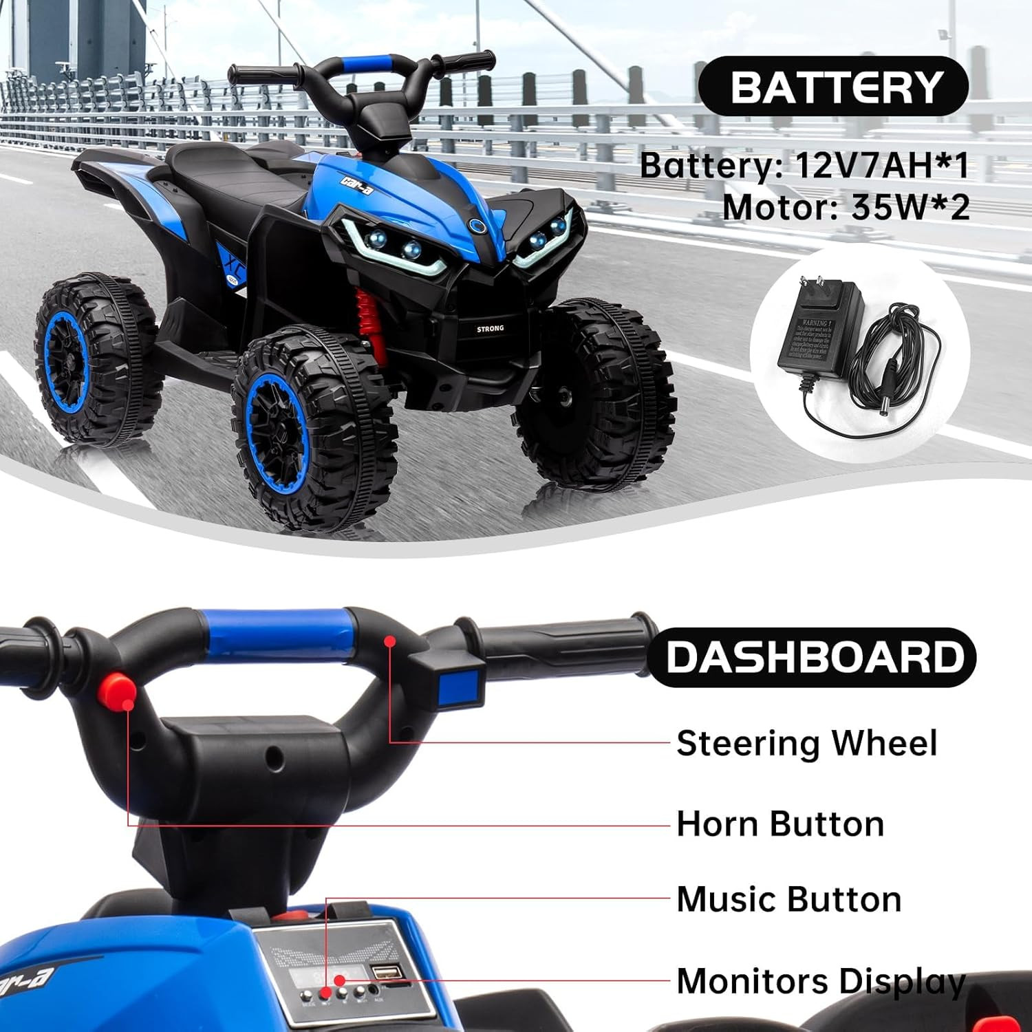 12V Kids Ride-On Electric ATV, 35W Doubal Motor 4-Wheeler Off-Road 4WD Car Toy,
