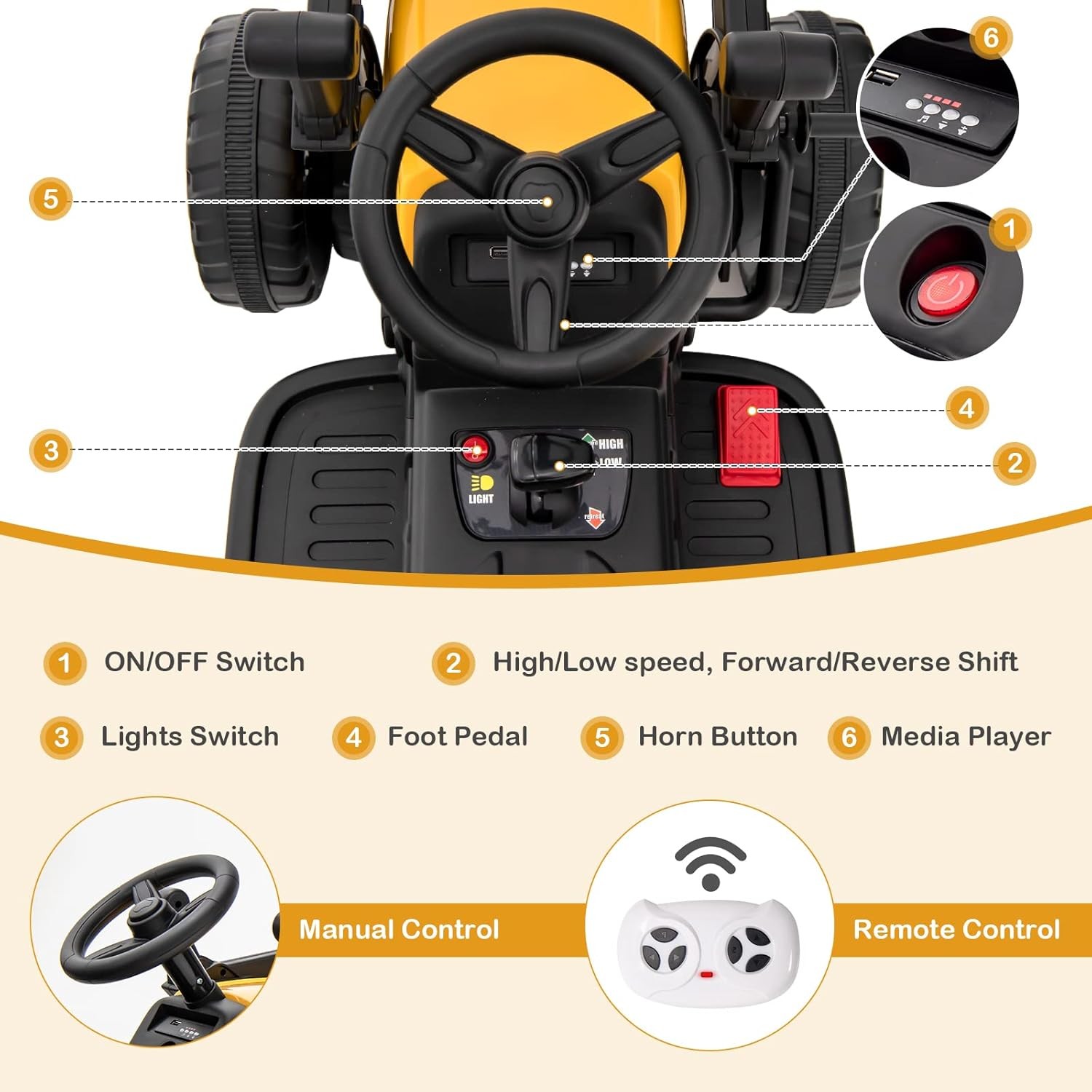 HONEY JOY 12V Kids Ride On Excavator With Remote Control Yellow