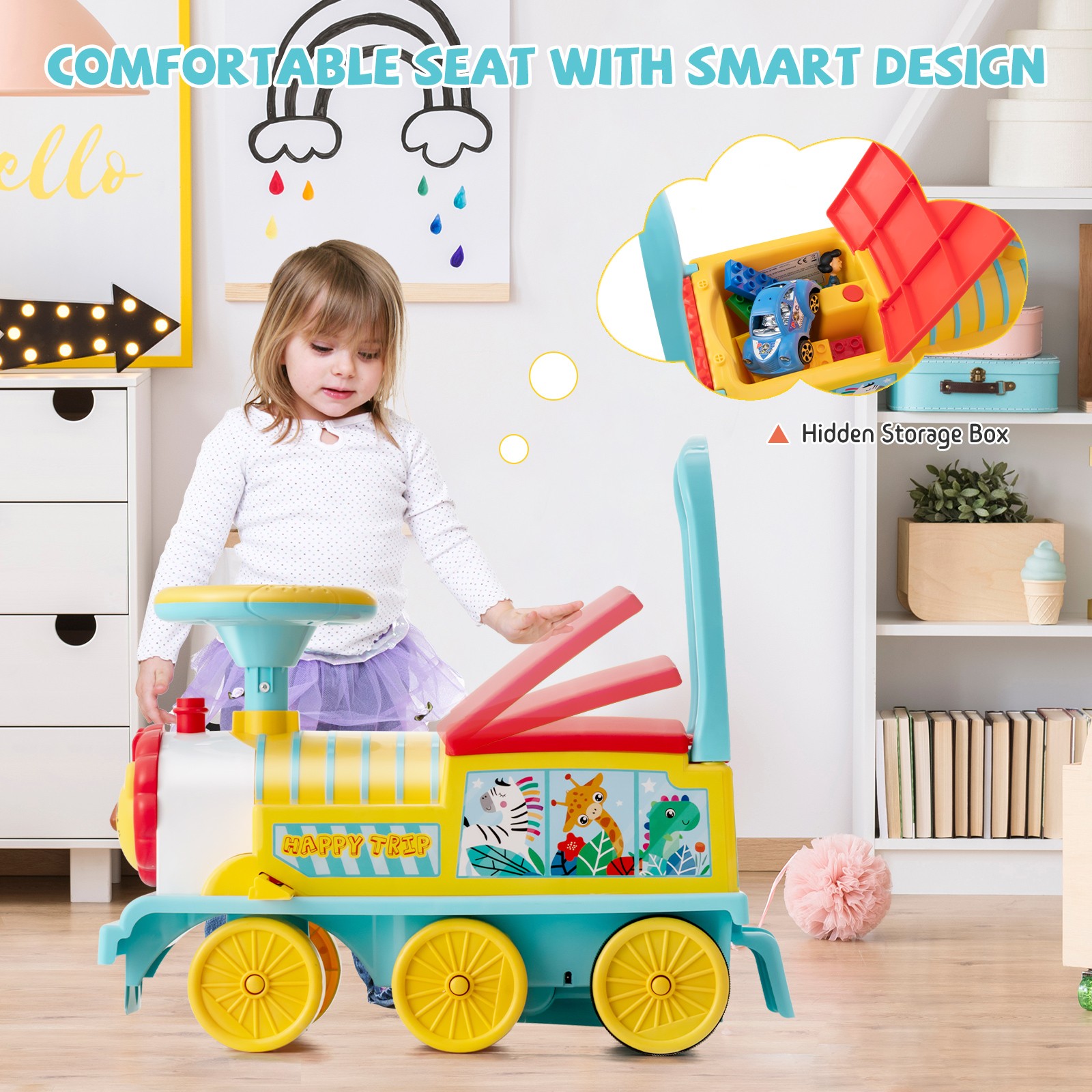 6V Electric Kids Motorized Train Toy with Unique Train Outlook & Stickers Blue