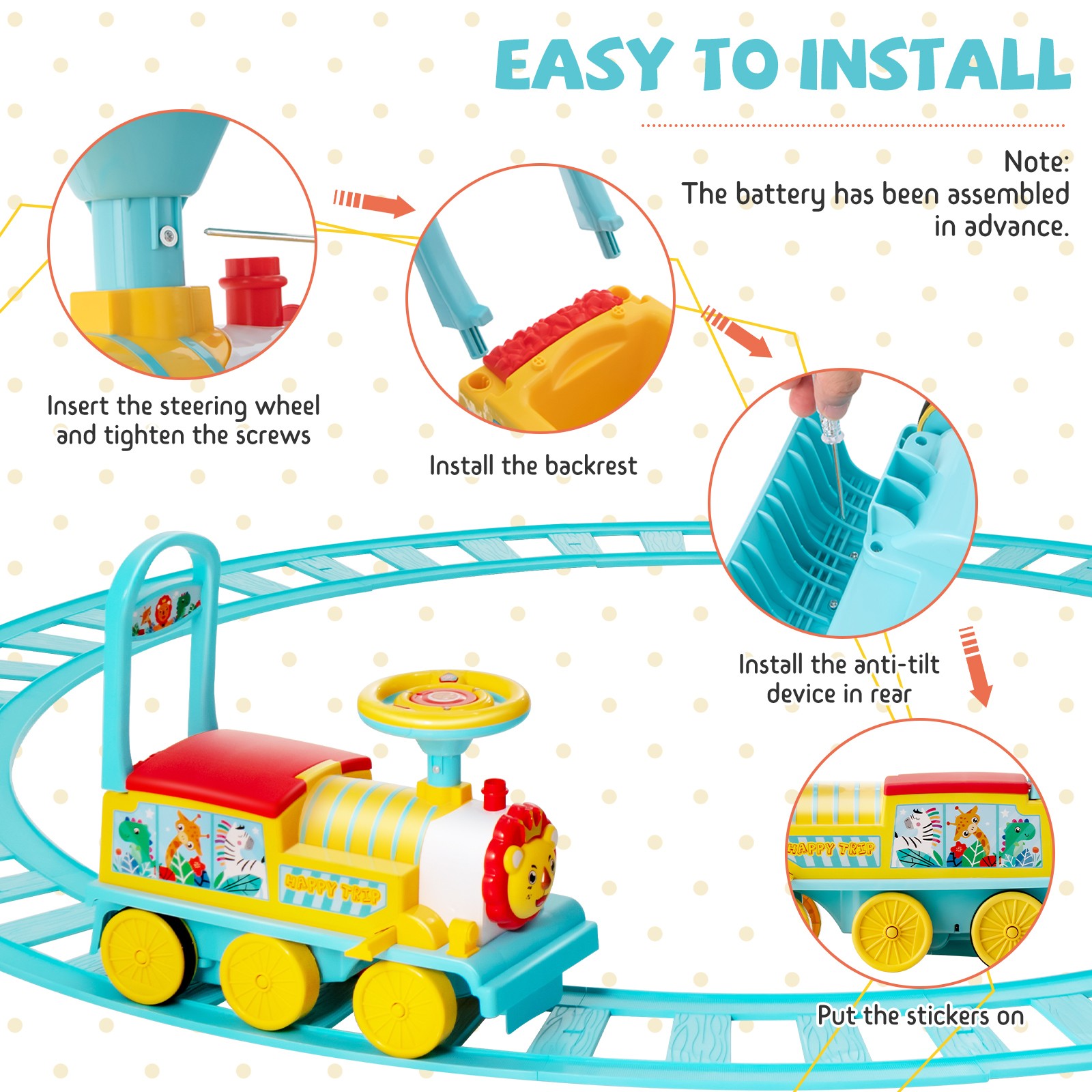 6V Electric Kids Motorized Train Toy with Unique Train Outlook & Stickers Blue