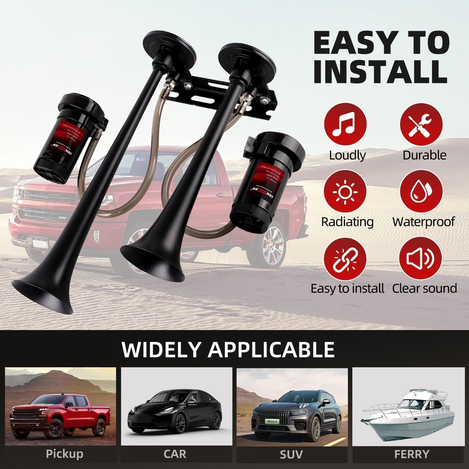 Cenzhiwen Dual 2-Trumpet Metal Air Horn for truck Kit with 2 Compressors-12V …