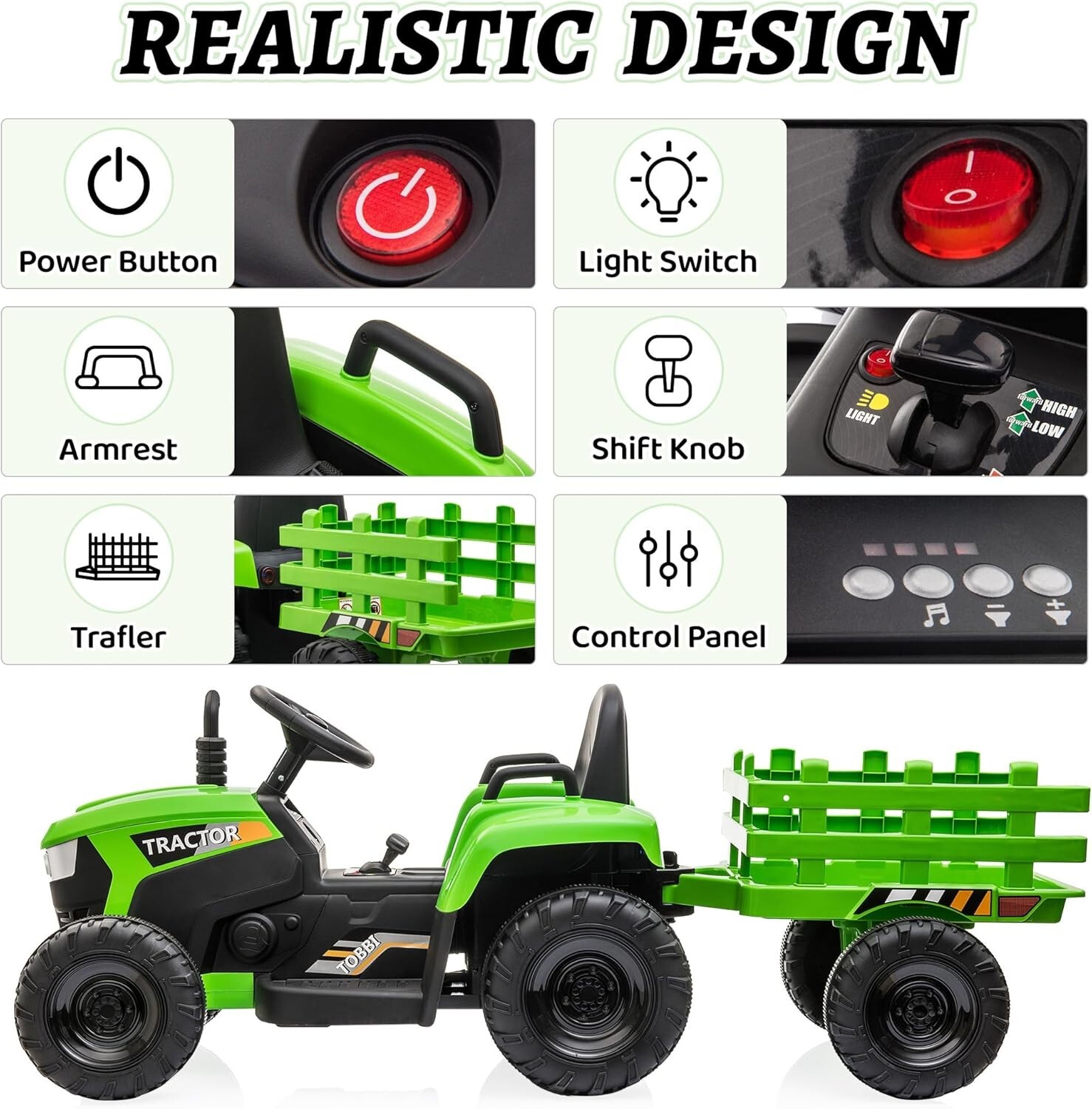 TOBBI 12V Kids Ride On Tractor Battery-Powered Toy with Trailer for Toddlers